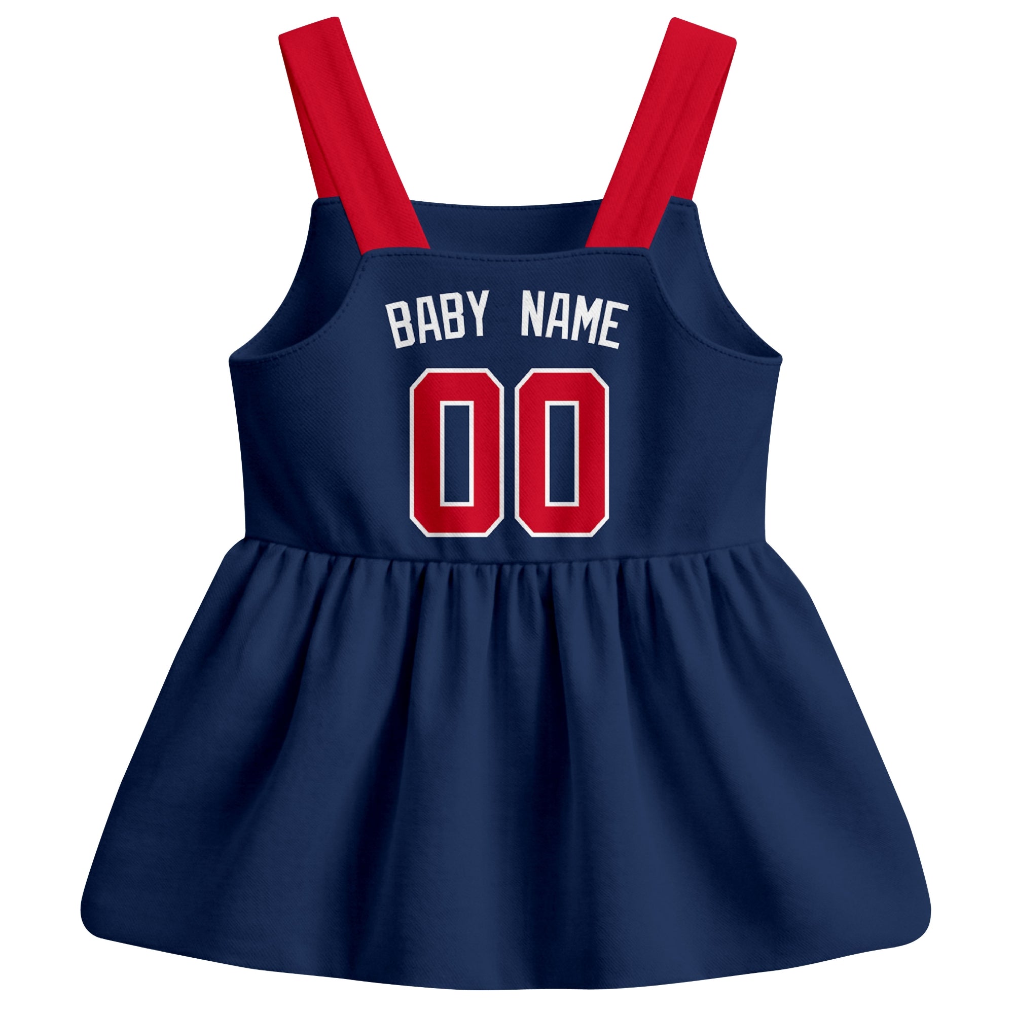 Navy Atlanta-inspired baseball baby strap dress back view with custom baby name and number