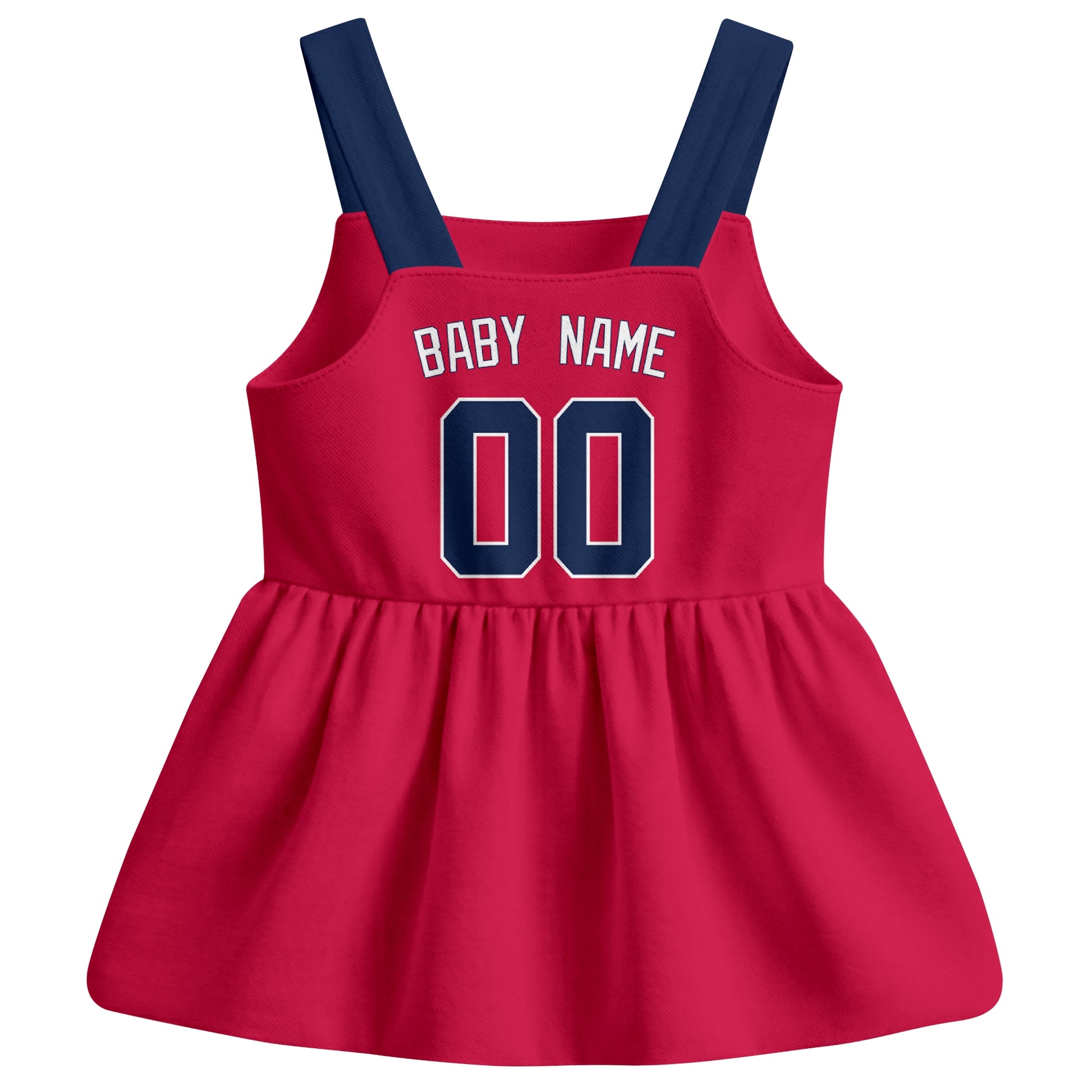 Red Atlanta-inspired baseball baby strap dress back view with custom baby name and number