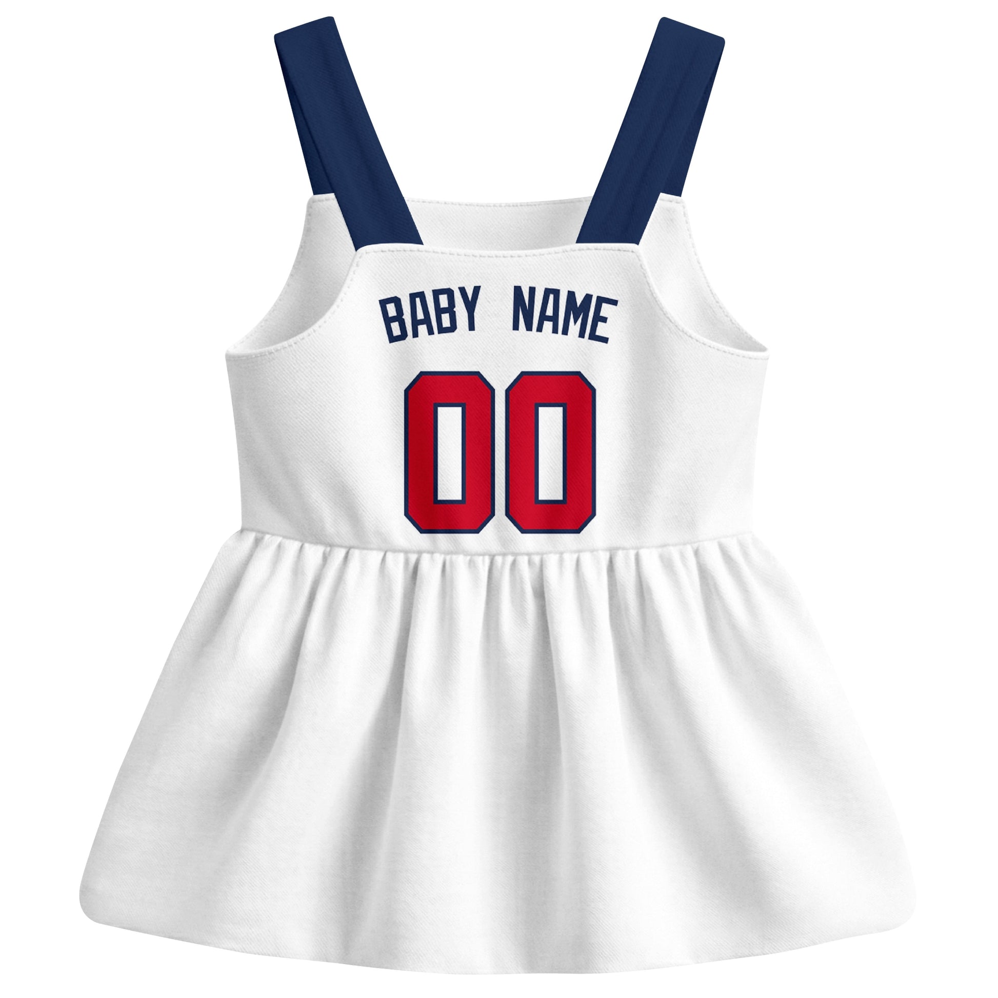 White Atlanta-inspired baseball baby strap dress back view with custom baby name and number