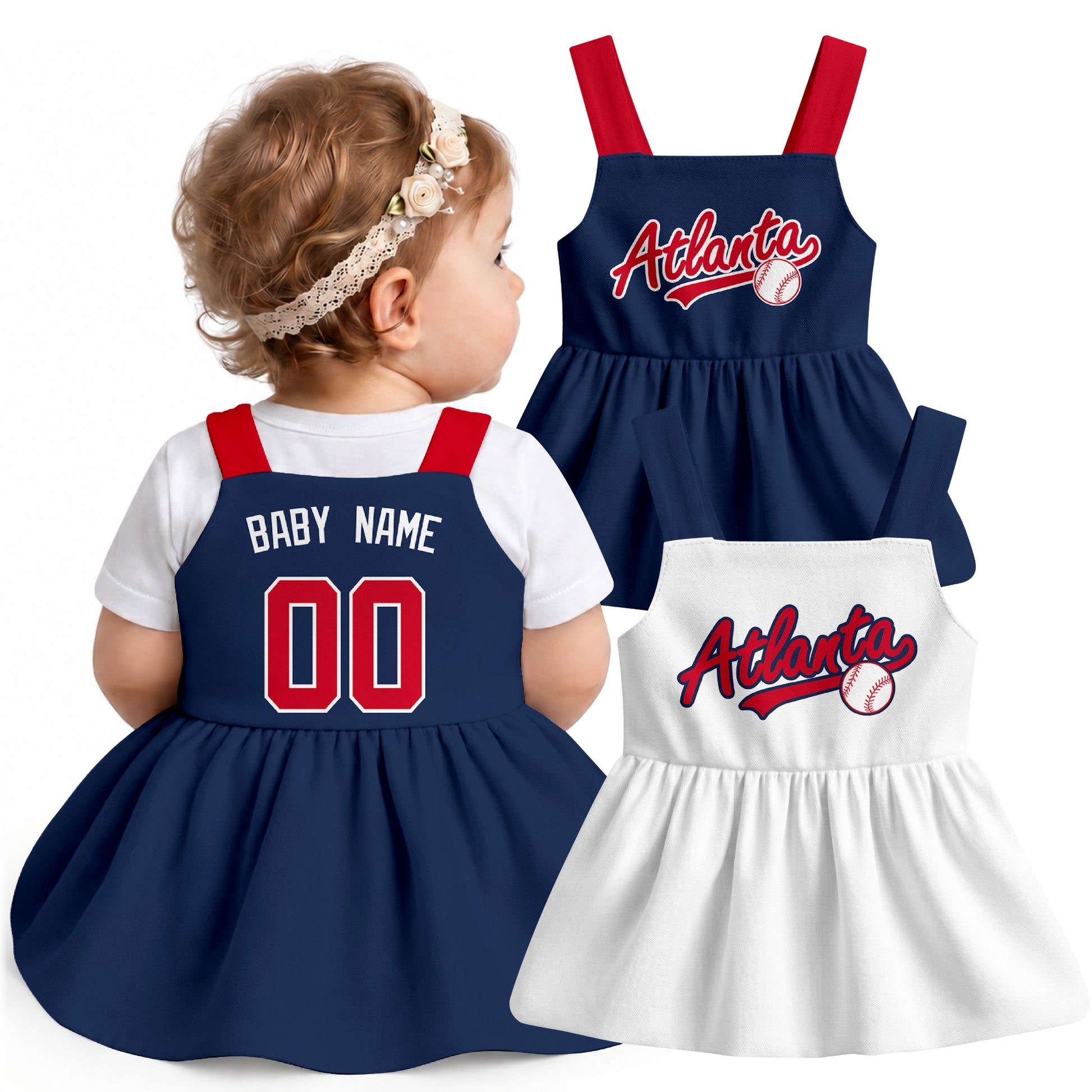 Atlanta-inspired baseball baby strap dress modeled in Navy, with Navy and White front designs shown