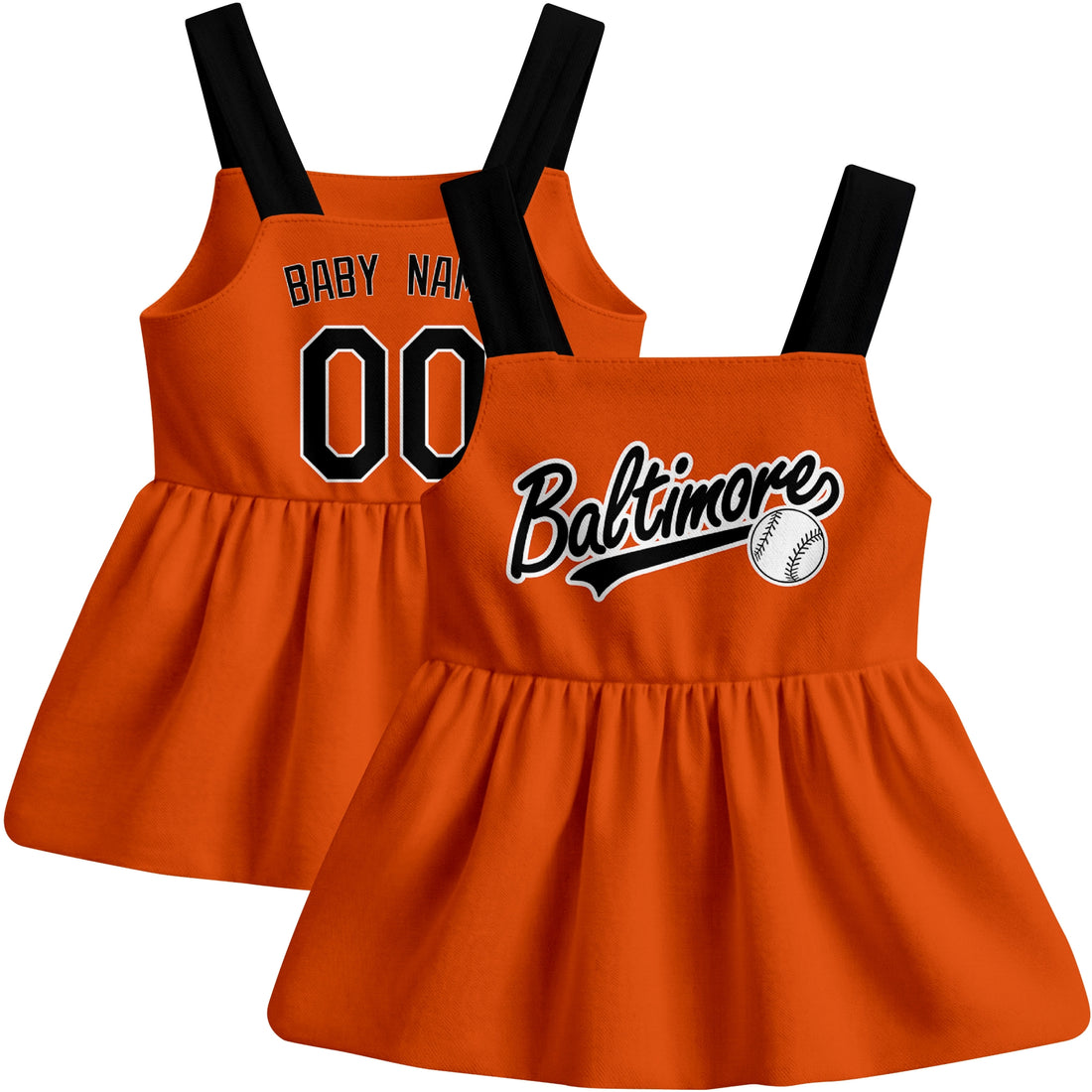 Baltimore-inspired baseball baby strap dress modeled in Black, with Black and White front designs shown