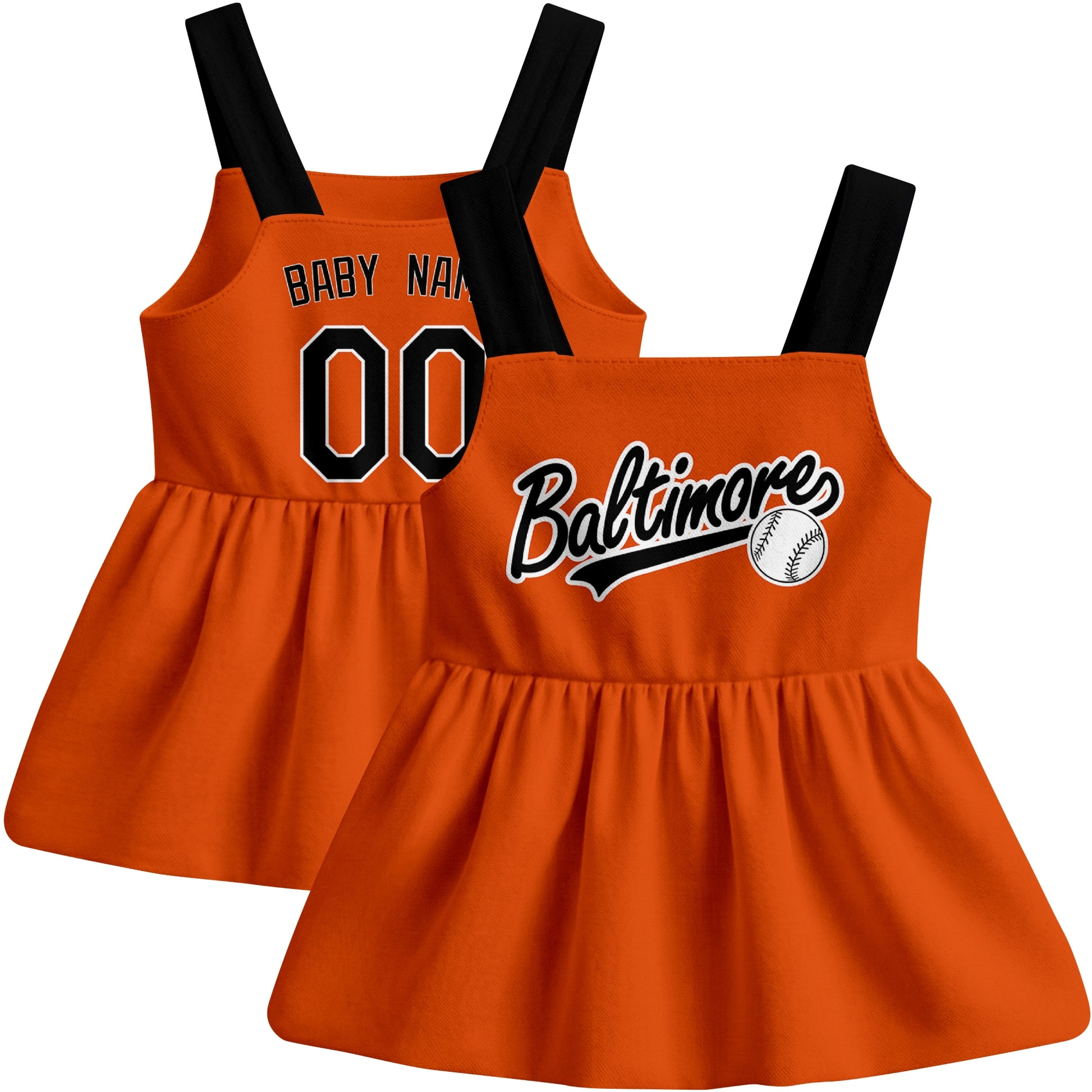 Orange Baltimore-inspired baseball baby strap dress front and back view with custom name and number