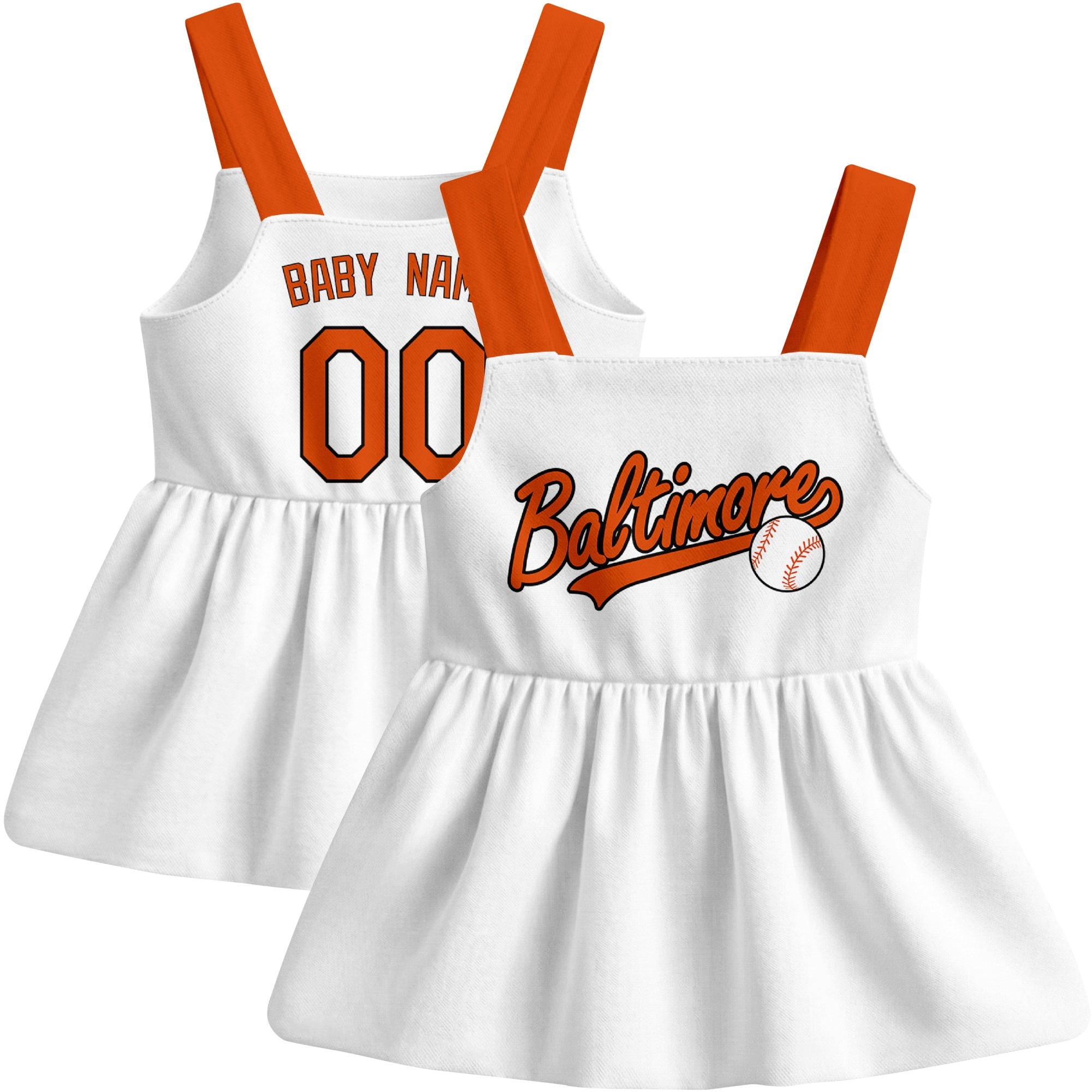 White Baltimore-inspired baseball baby strap dress front and back view with custom name and number