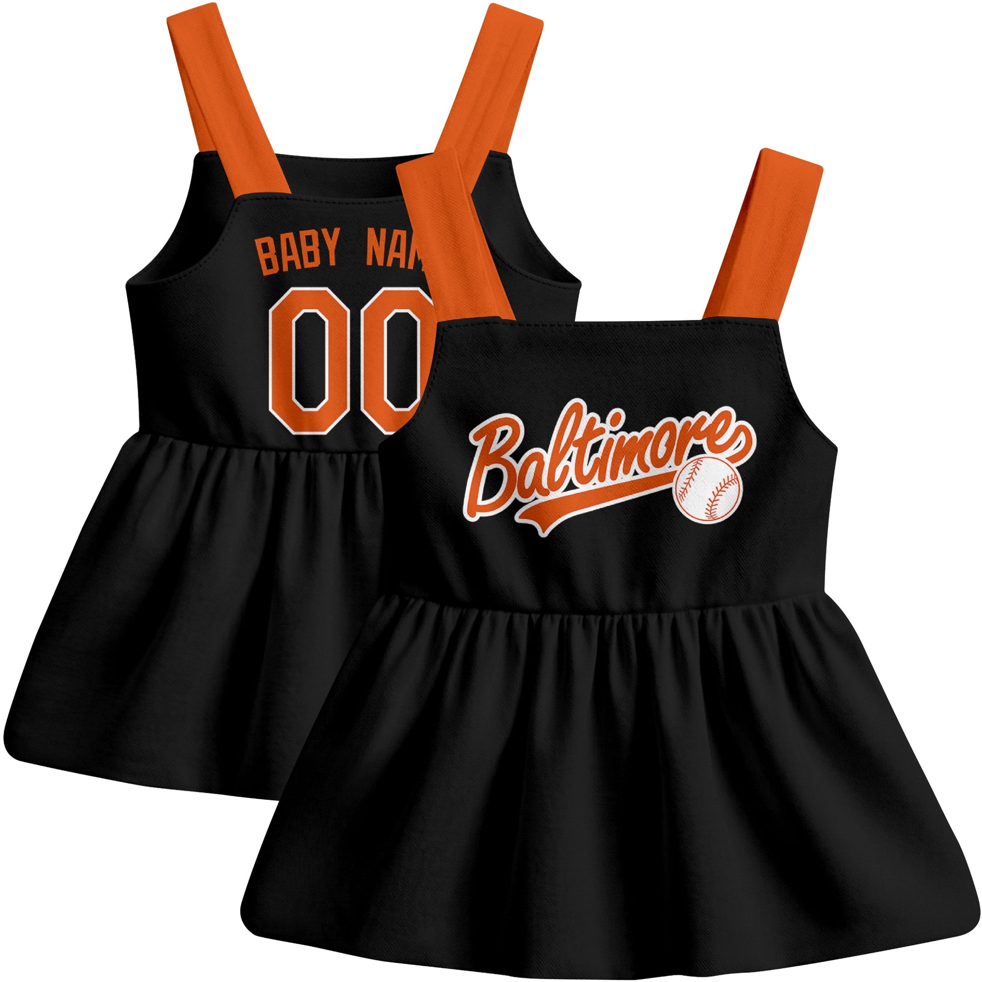 Navy Atlanta-inspired baseball baby strap dress front and back view with custom name and number