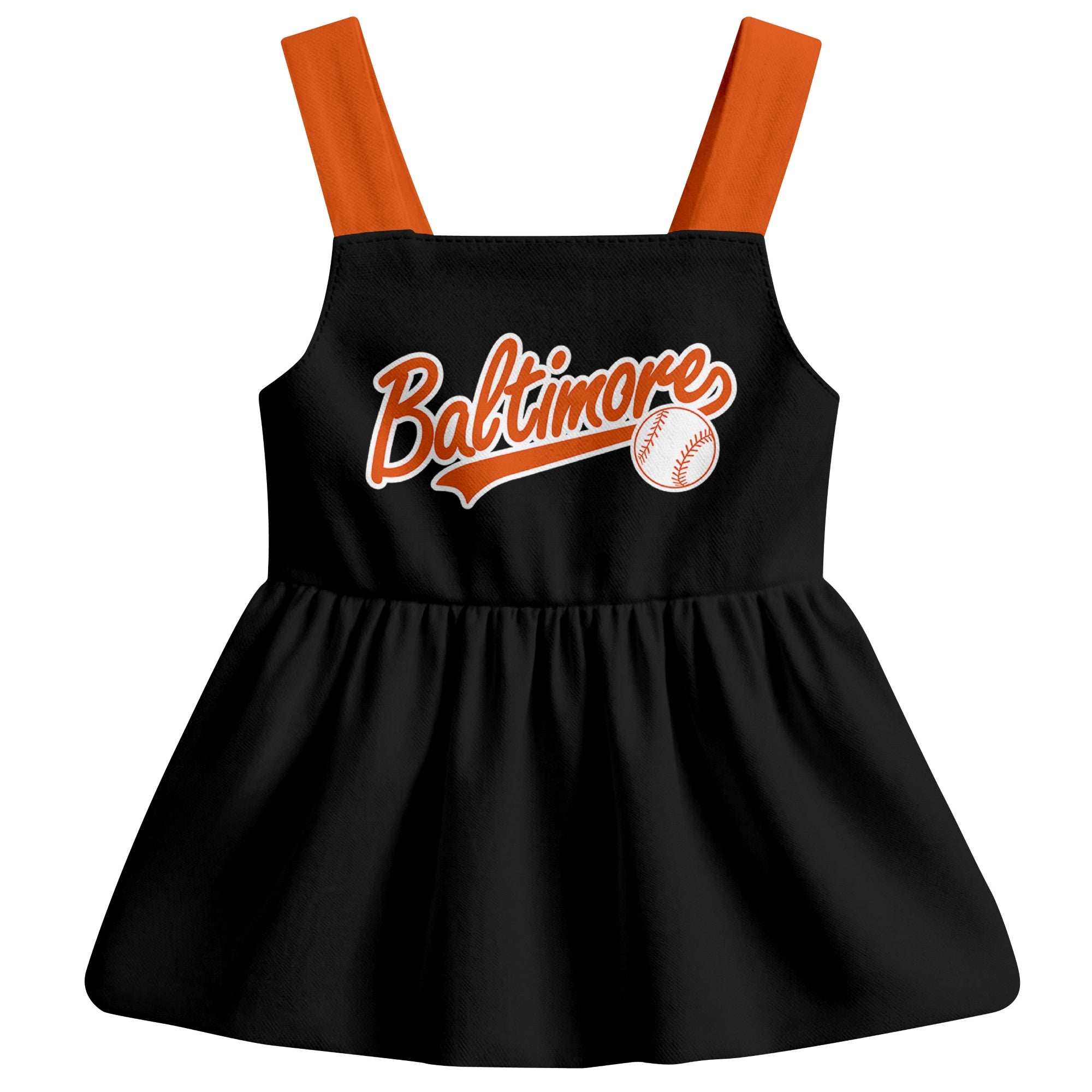 Black Baltimore-inspired baseball baby strap dress front view with bold baseball graphic