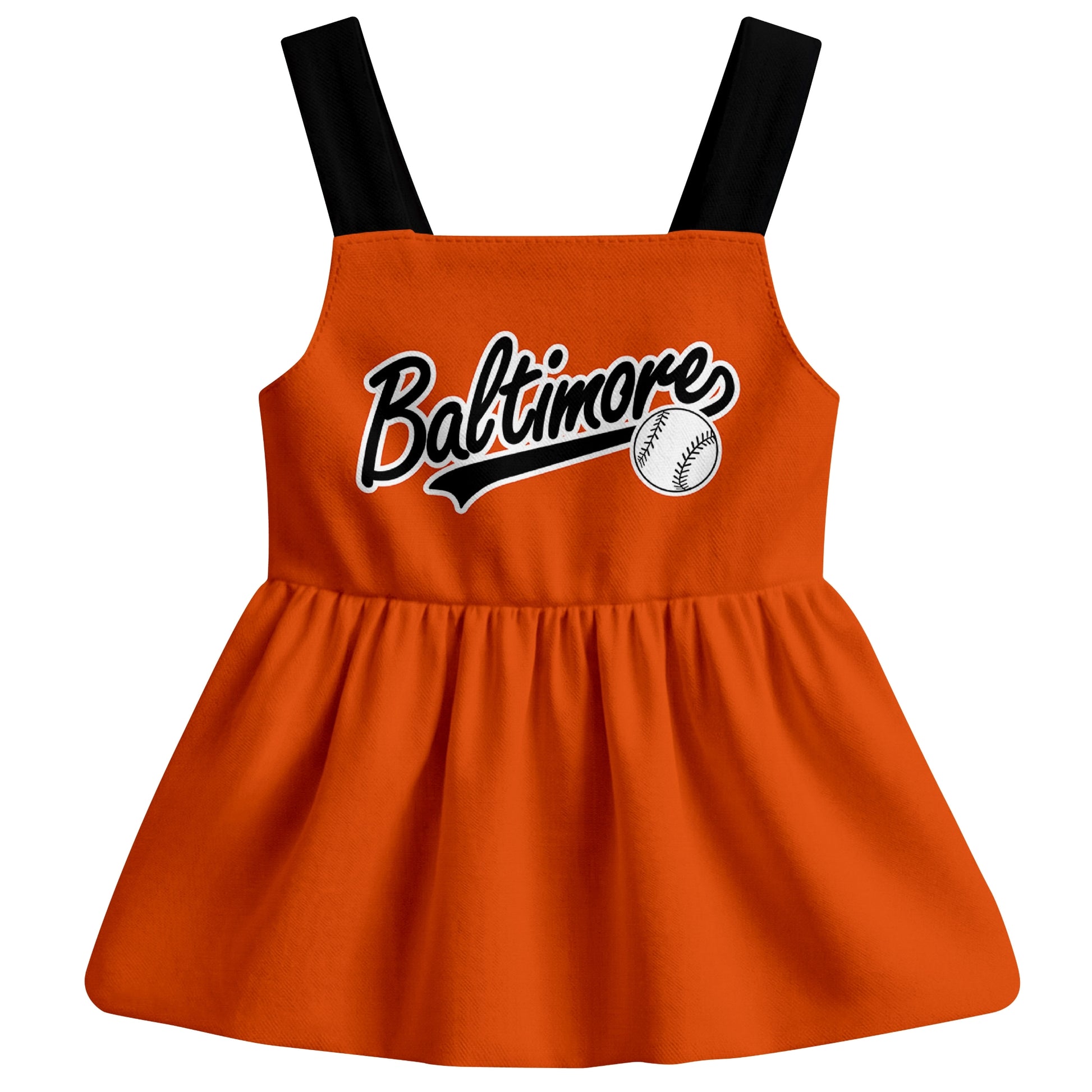 Orange Baltimore-inspired baseball baby strap dress front view with bold baseball graphic