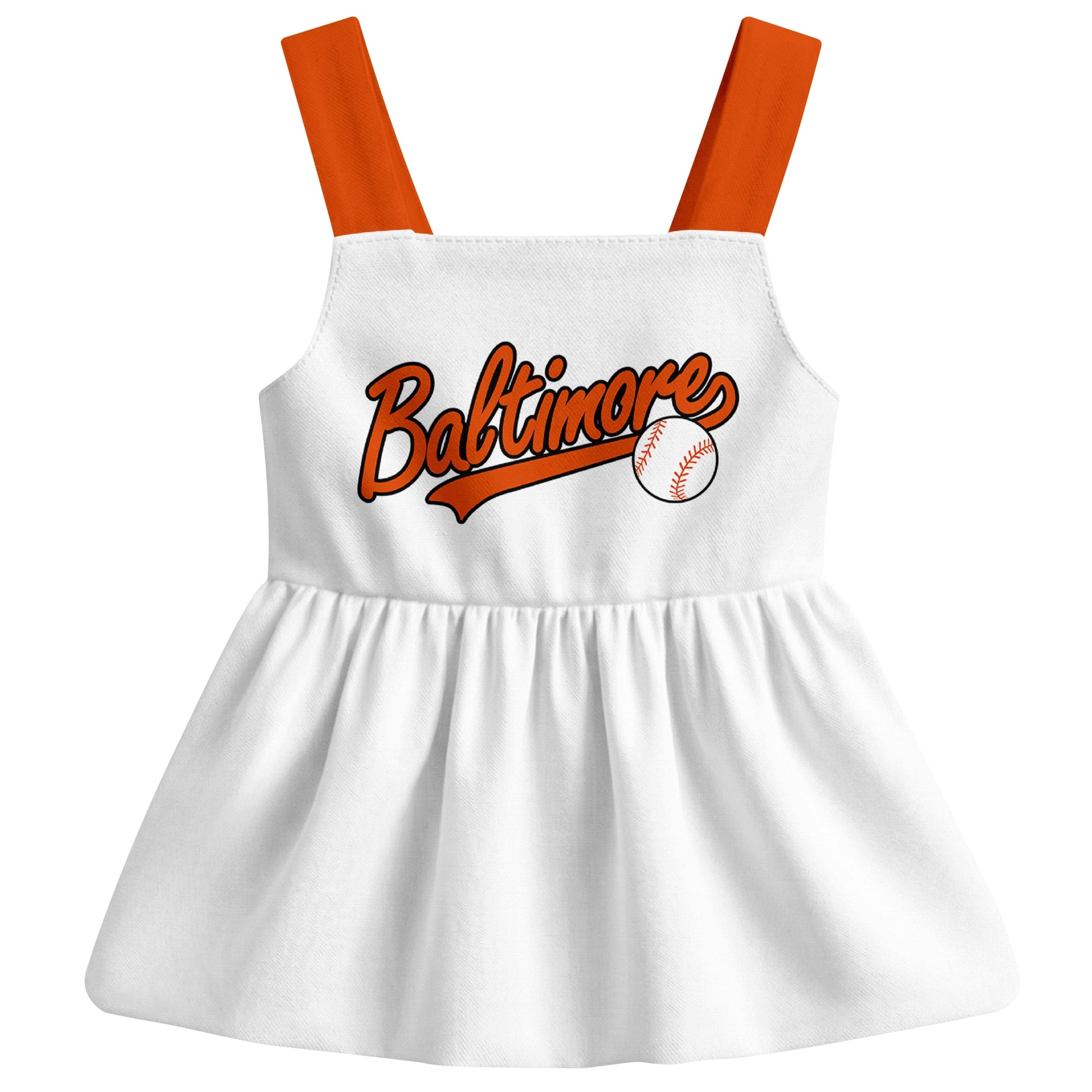 White Baltimore-inspired baseball baby strap dress front view with bold baseball graphic