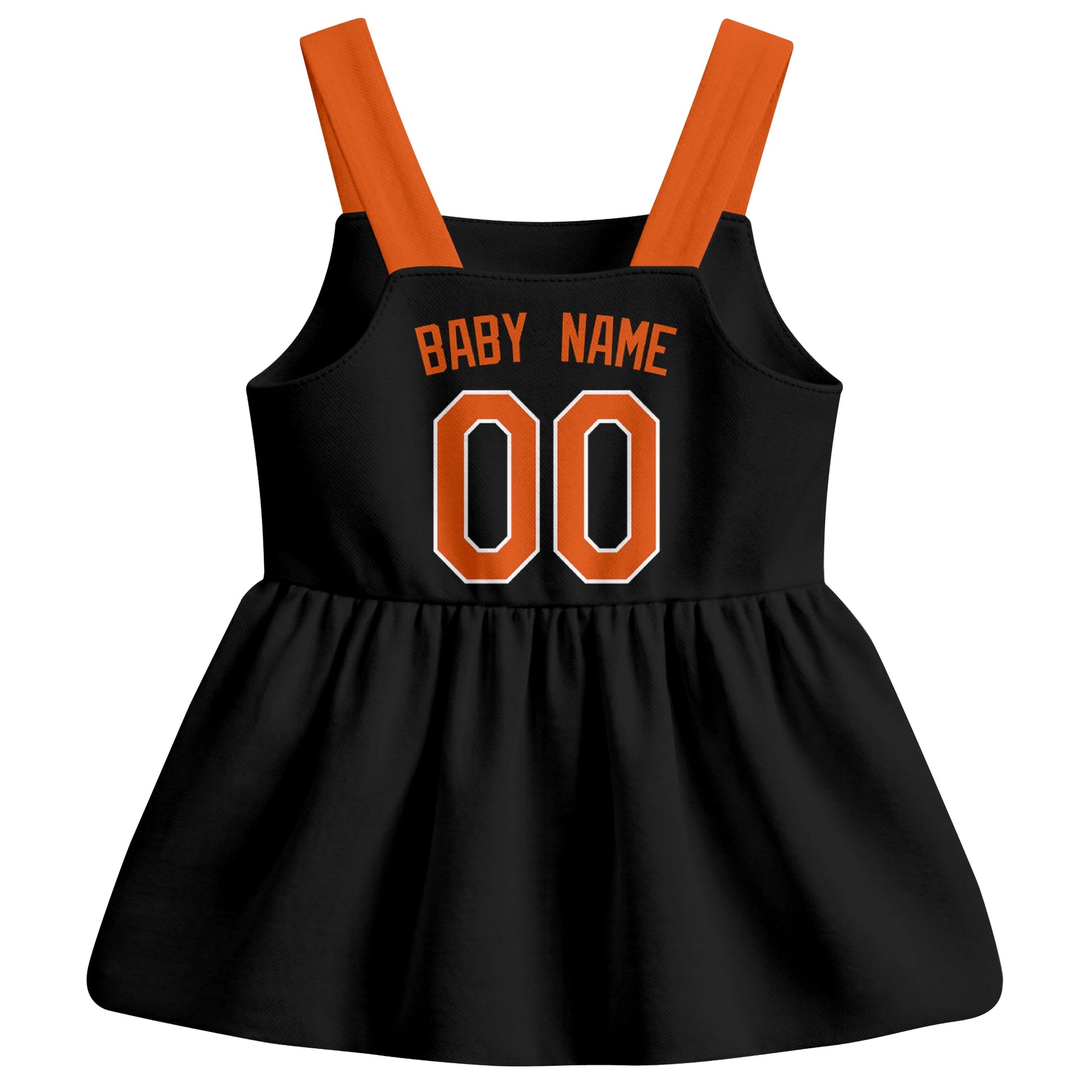 Black Baltimore-inspired baseball baby strap dress back view with custom baby name and number