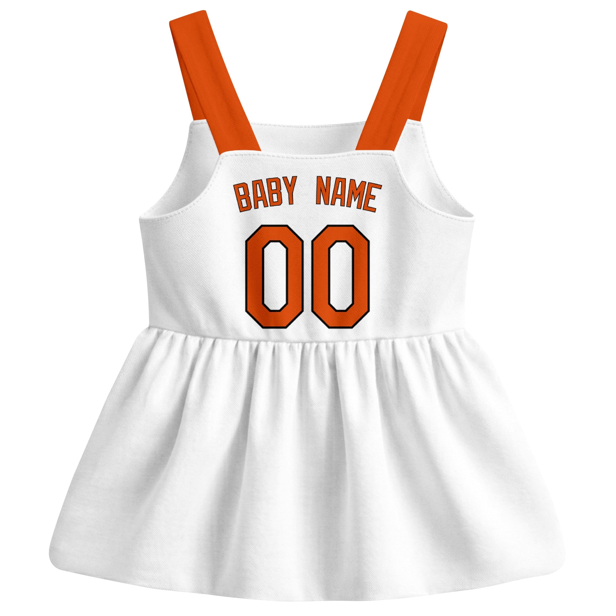 White Baltimore-inspired baseball baby strap dress back view with custom baby name and number