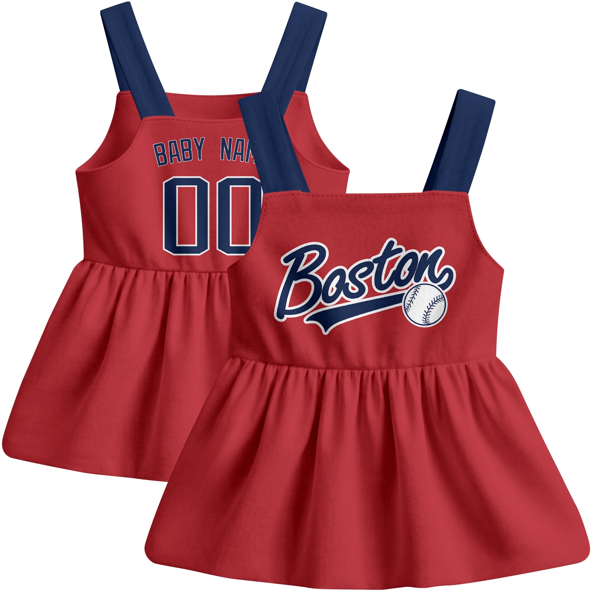 Red Boston-inspired baseball baby strap dress front and back view with custom name and number