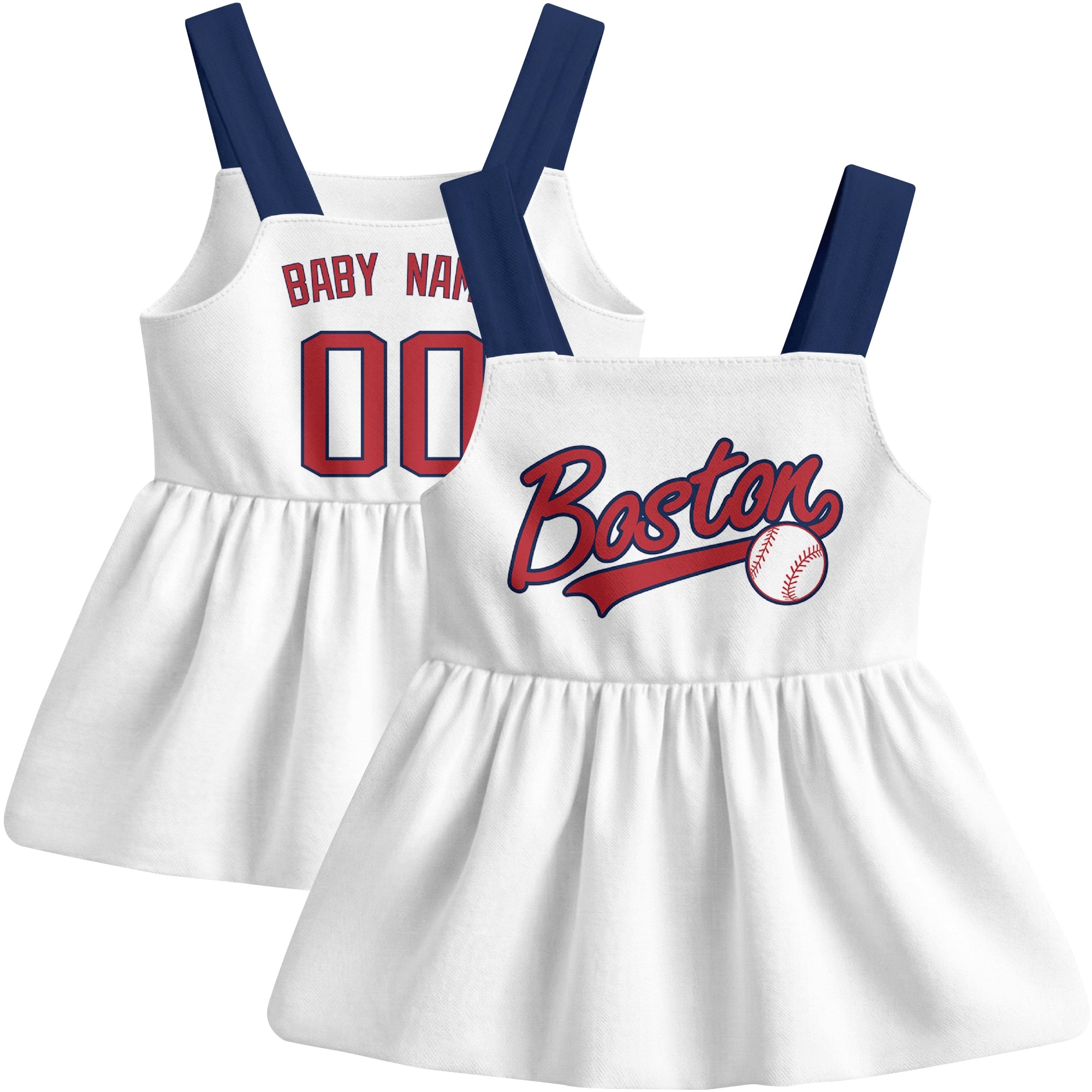 White Boston-inspired baseball baby strap dress front and back view with custom name and number