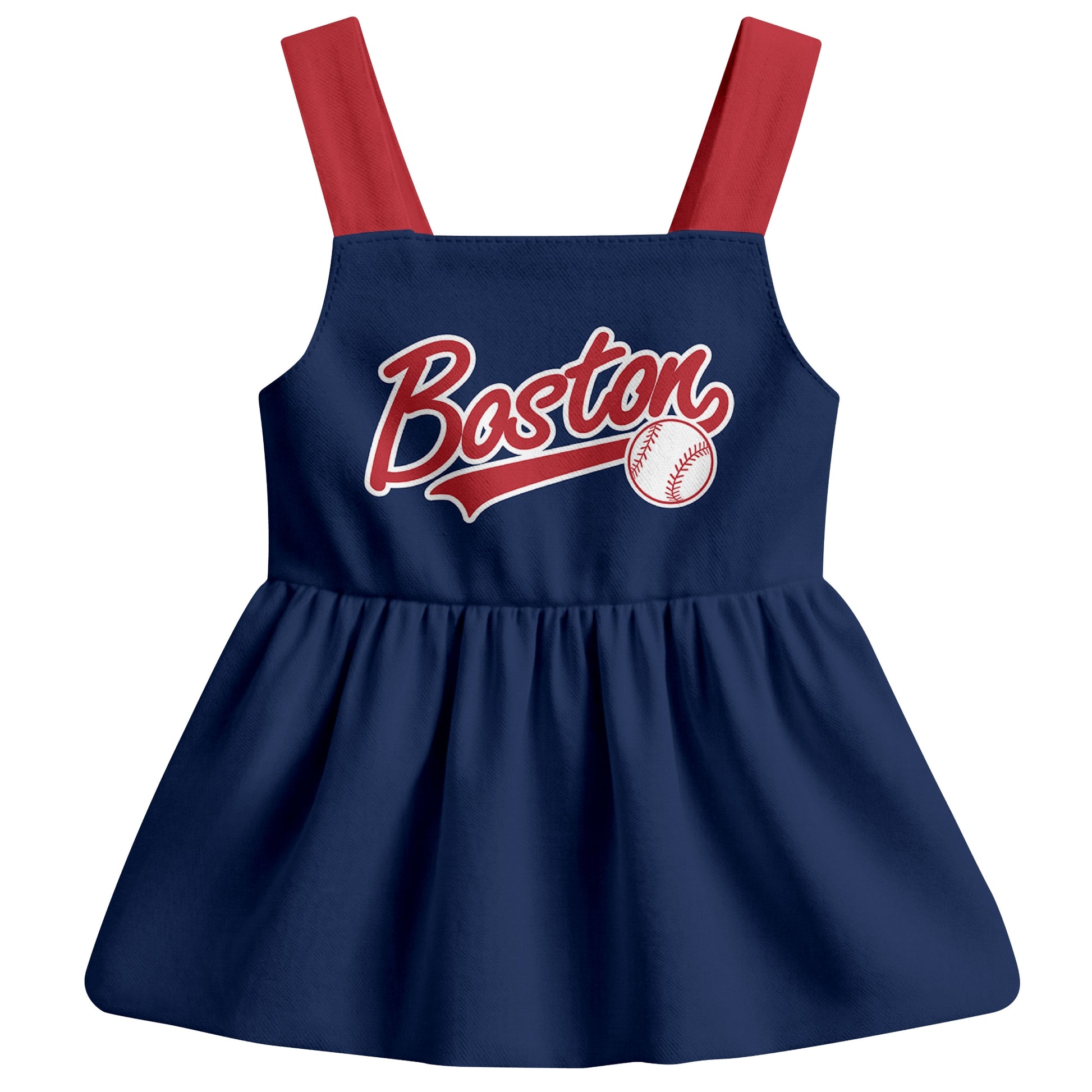 Navy Boston-inspired baseball baby strap dress front view with bold baseball graphic