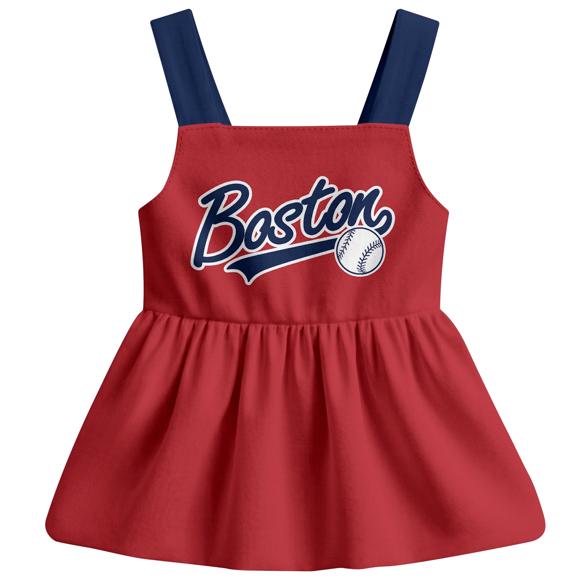 Red Boston-inspired baseball baby strap dress front view with bold baseball graphic