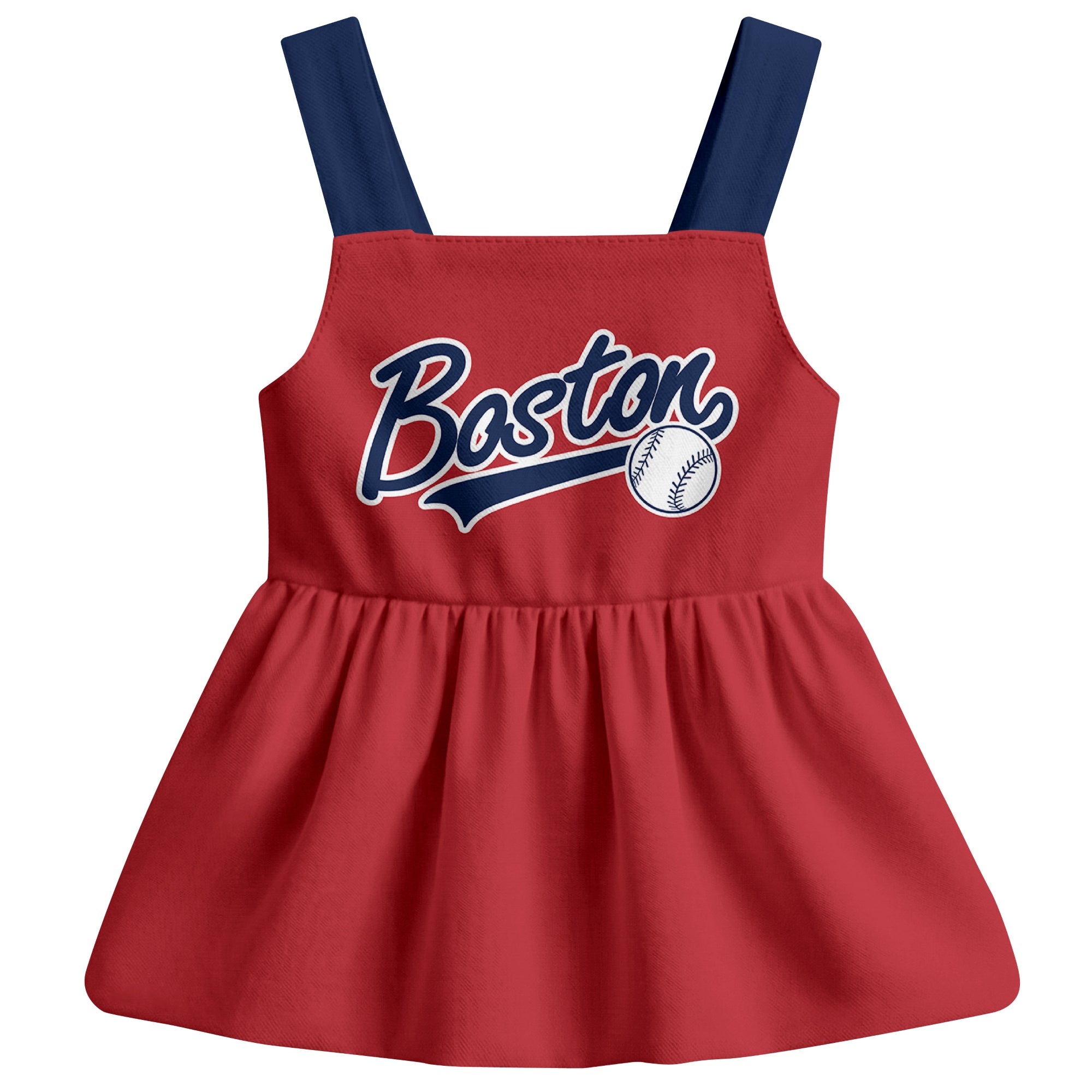 Red Boston-inspired baseball baby strap dress front view with bold baseball graphic