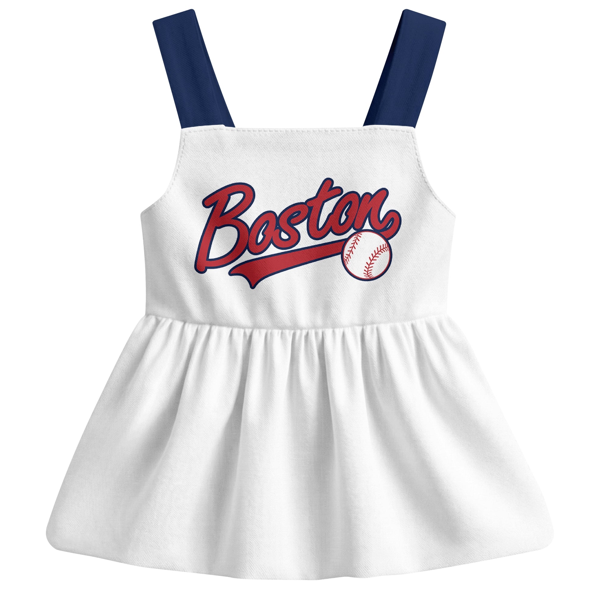 White Boston-inspired baseball baby strap dress front view with bold baseball graphic
