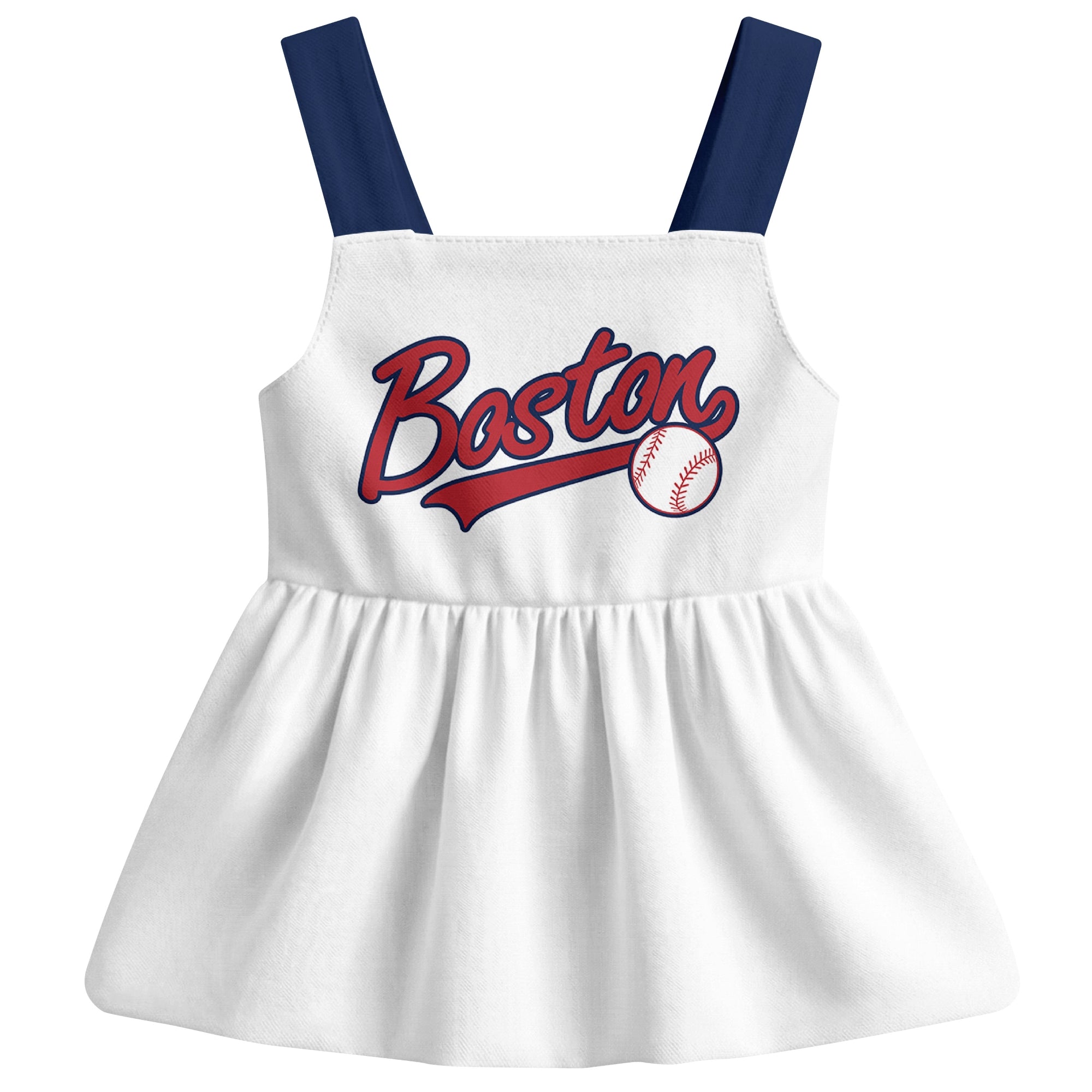 White Boston-inspired baseball baby strap dress front view with bold baseball graphic