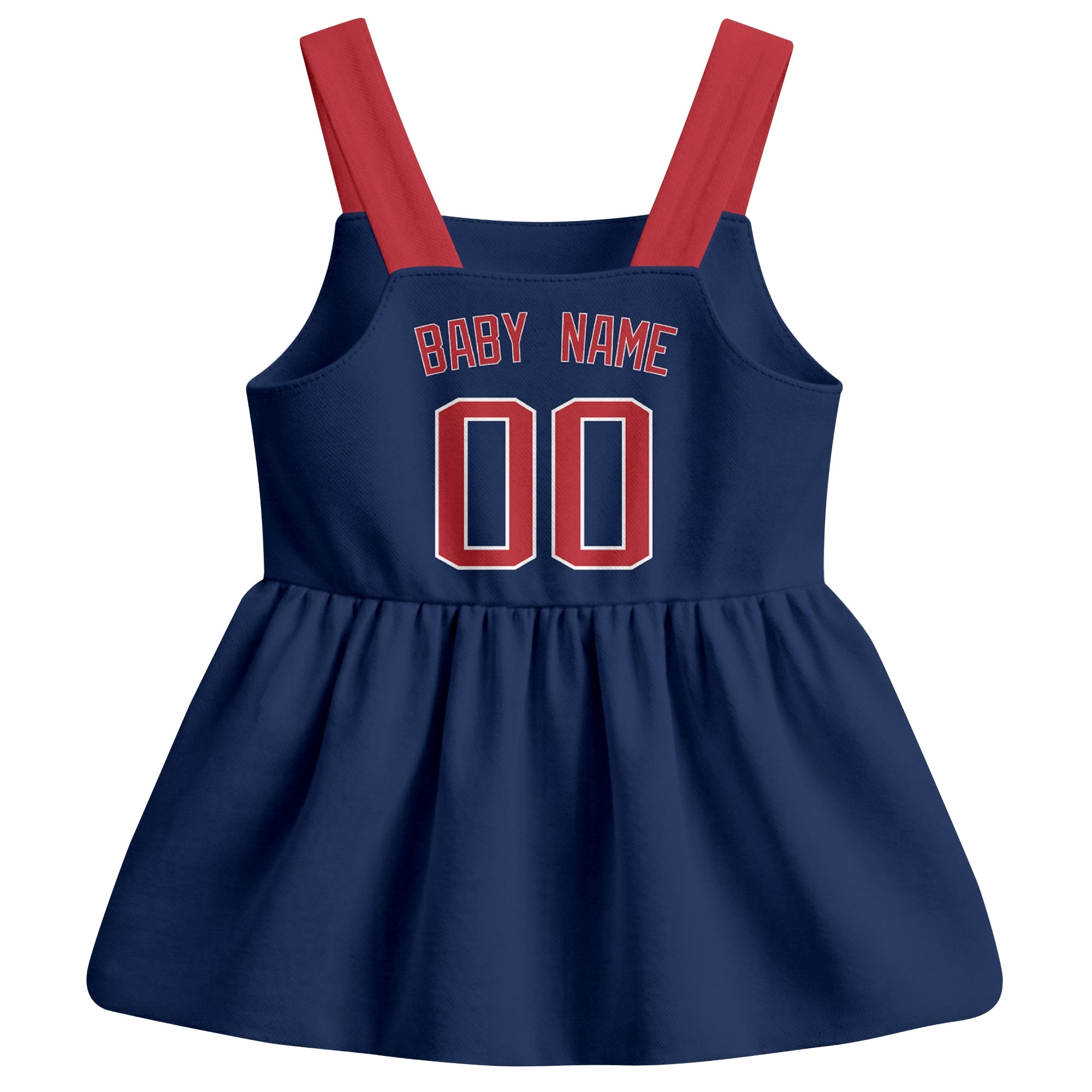 Navy Boston-inspired baseball baby strap dress back view with custom baby name and number