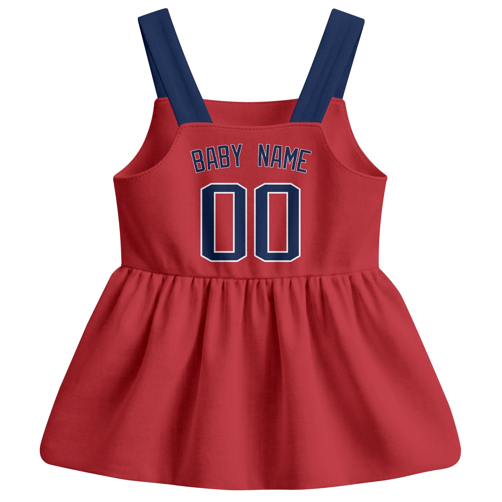 Red Boston-inspired baseball baby strap dress back view with custom baby name and number
