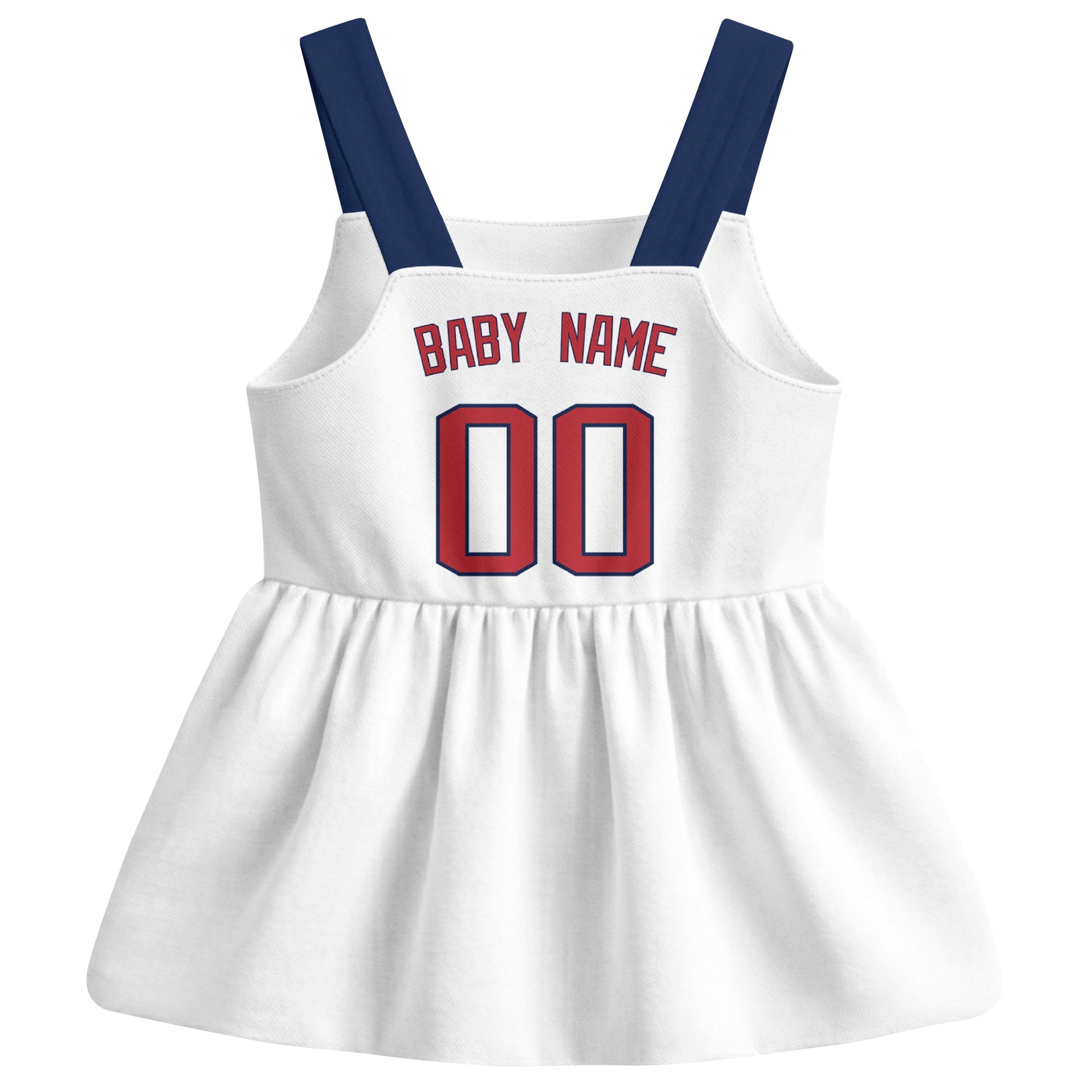 White Boston-inspired baseball baby strap dress back view with custom baby name and number