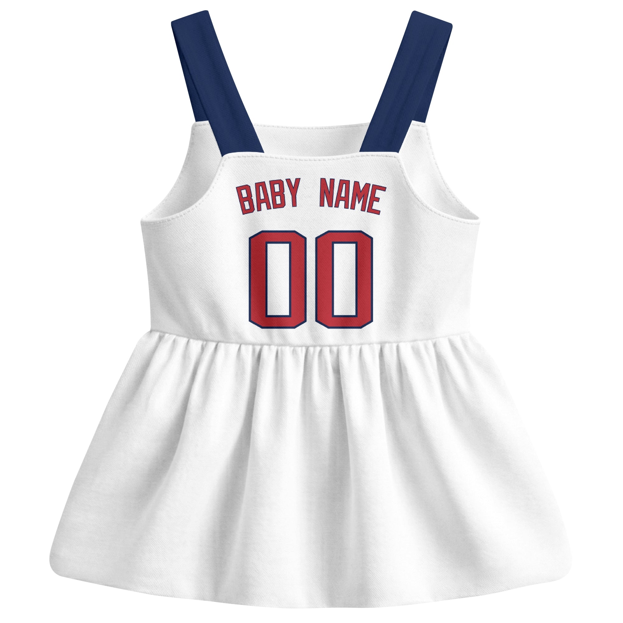 White Boston-inspired baseball baby strap dress back view with custom baby name and number