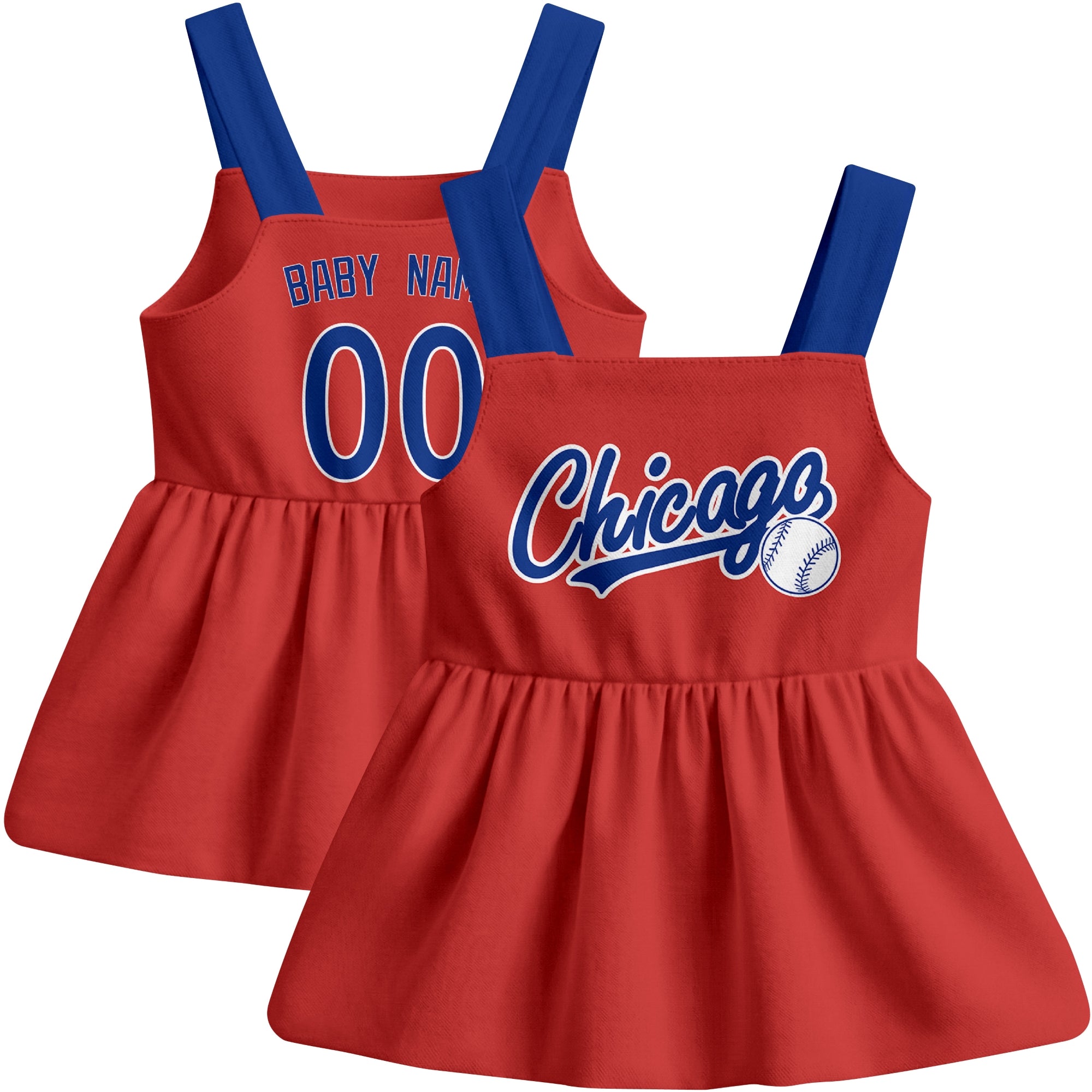Red Chicago C-inspired baseball baby strap dress front and back view with custom name and number