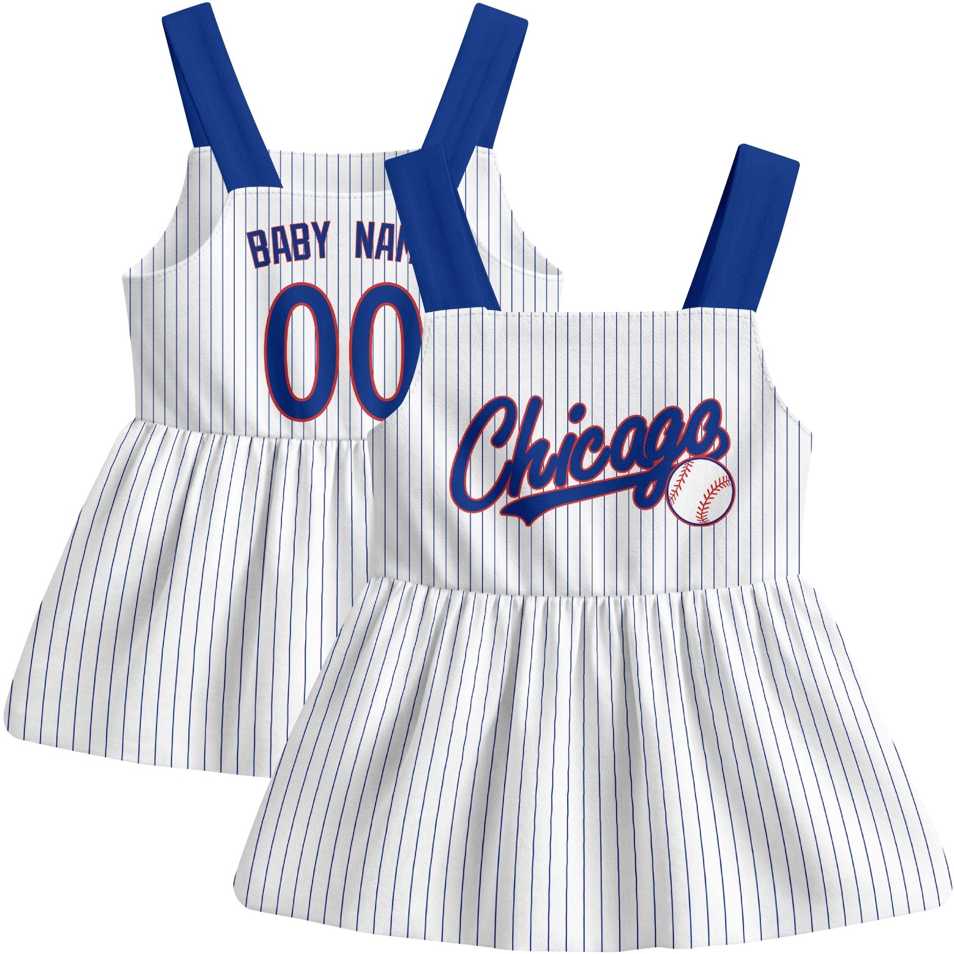 White Chicago C-inspired baseball baby strap dress front and back view with custom name and number