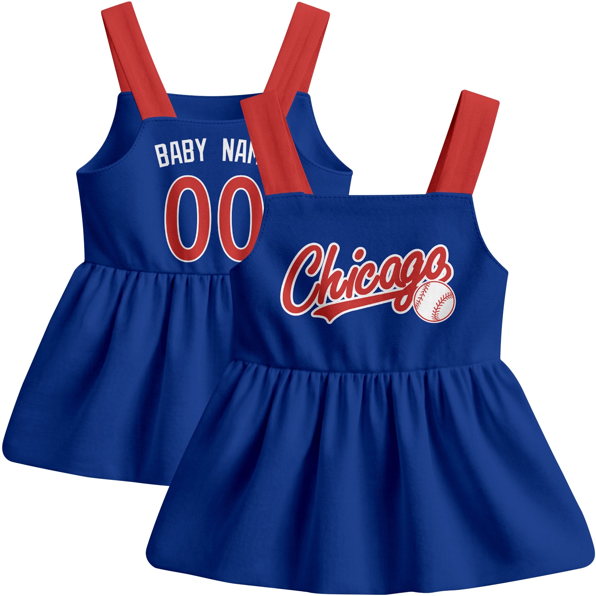 Royal Chicago C-inspired baseball baby strap dress front and back view with custom name and number