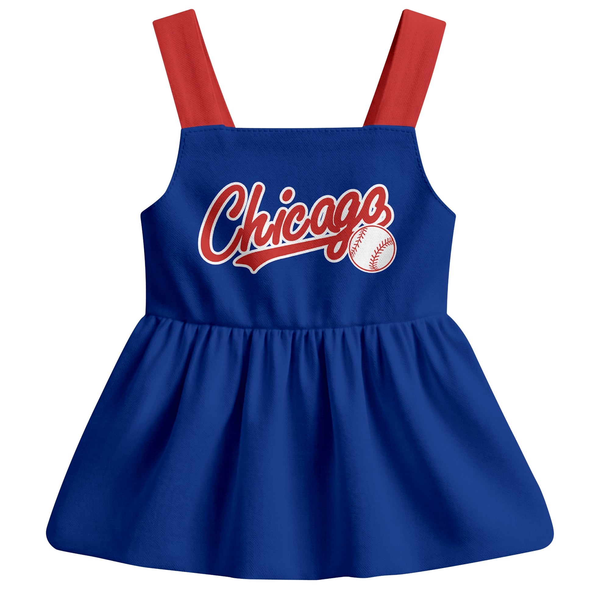 Royal Chicago C-inspired baseball baby strap dress front view with bold baseball graphic