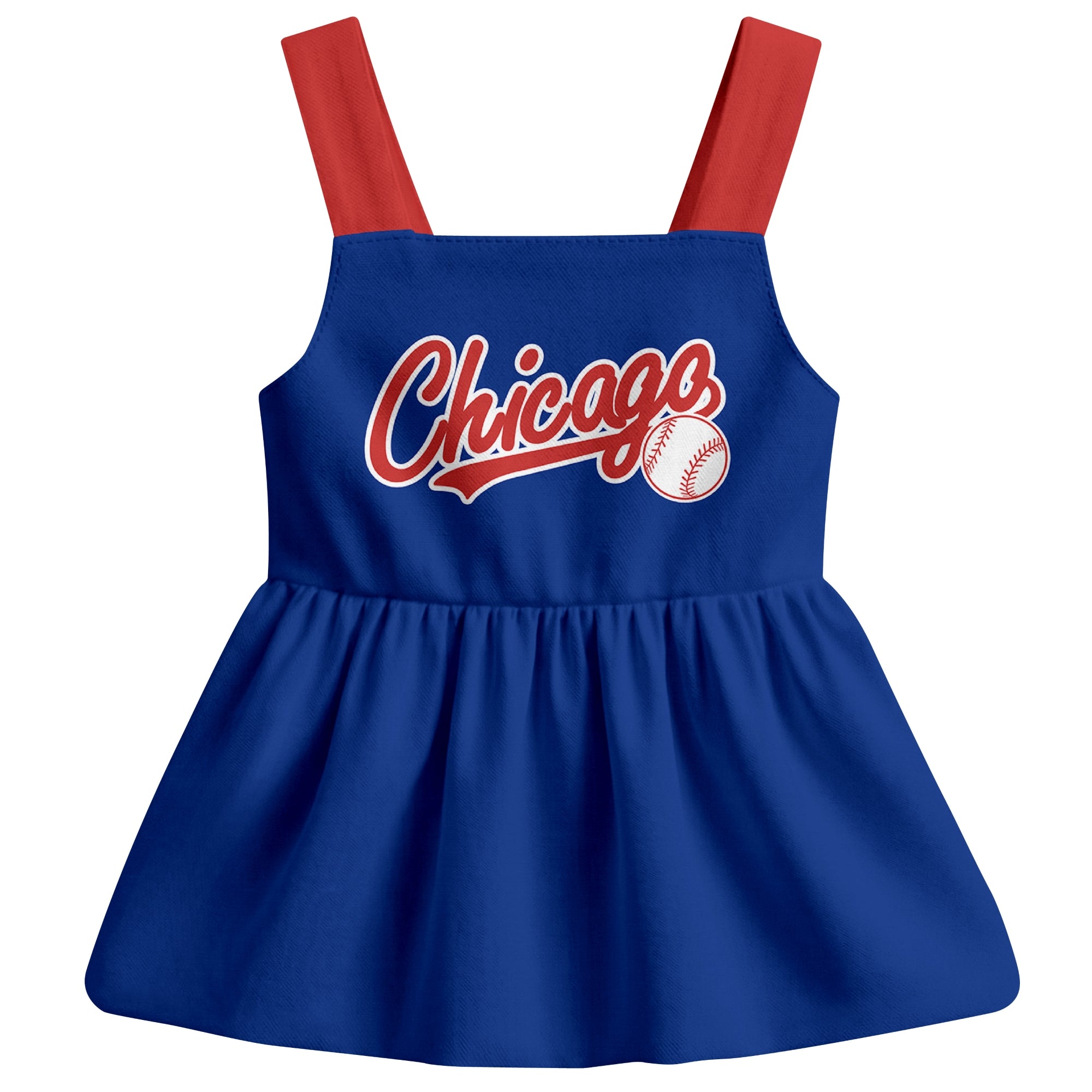 Royal Chicago C-inspired baseball baby strap dress front view with bold baseball graphic