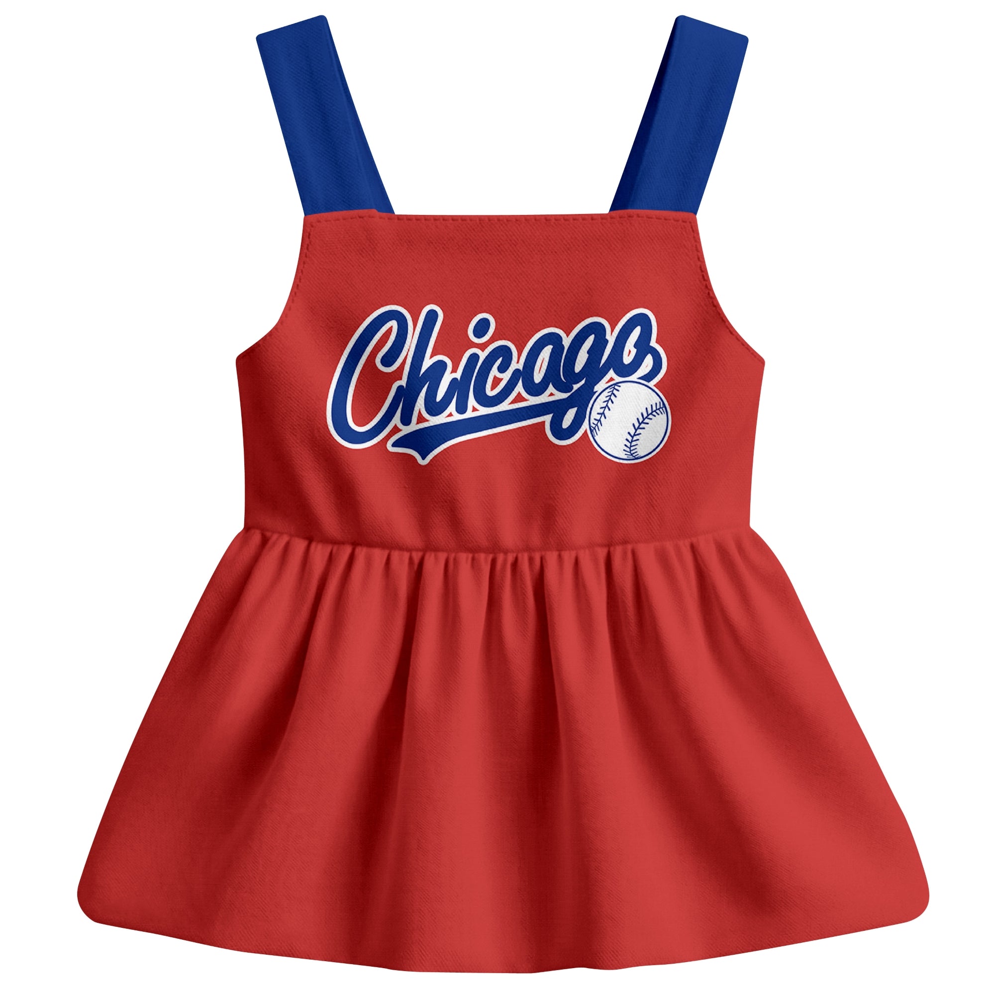 Red Chicago C-inspired baseball baby strap dress front view with bold baseball graphic