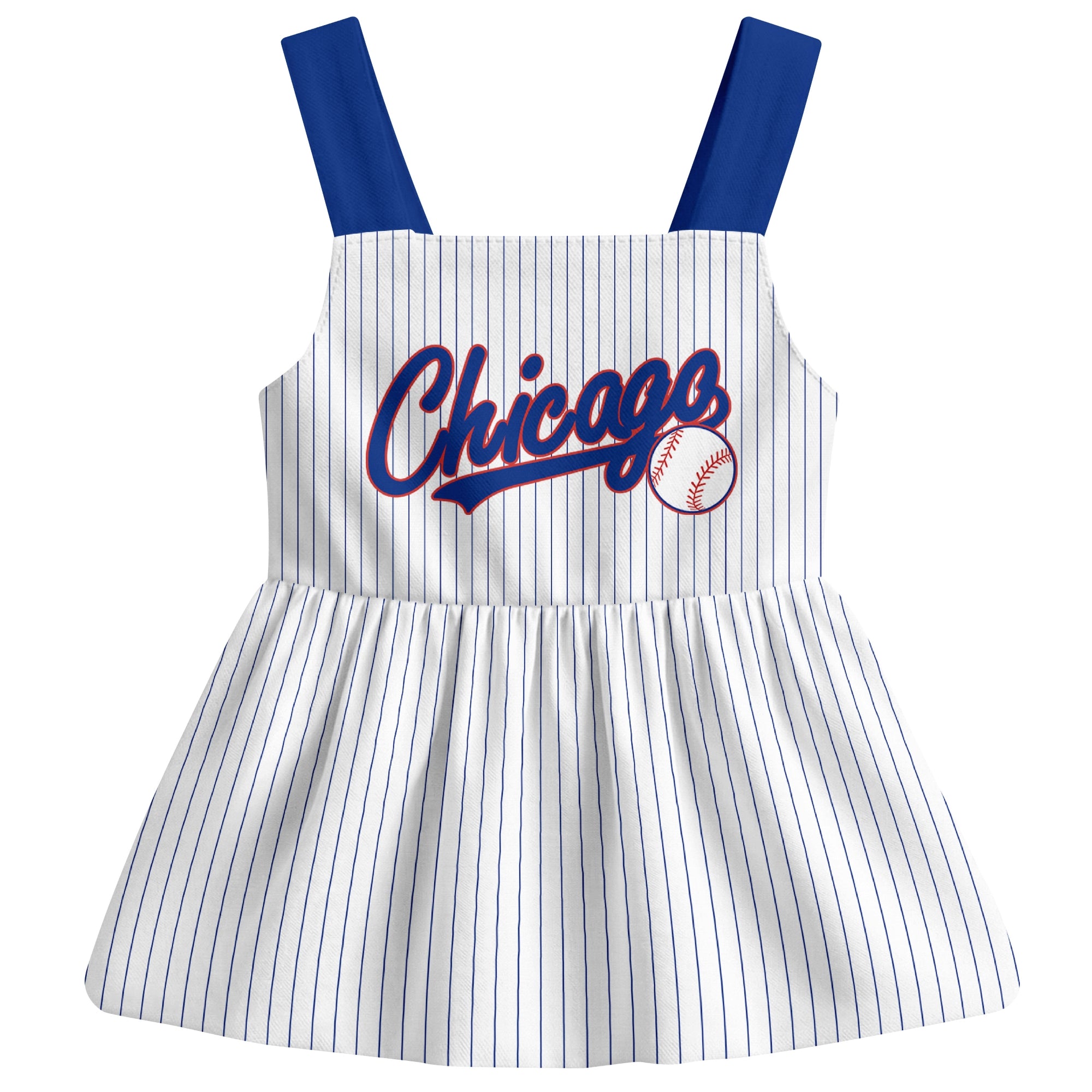 White Chicago C-inspired baseball baby strap dress front view with bold baseball graphic