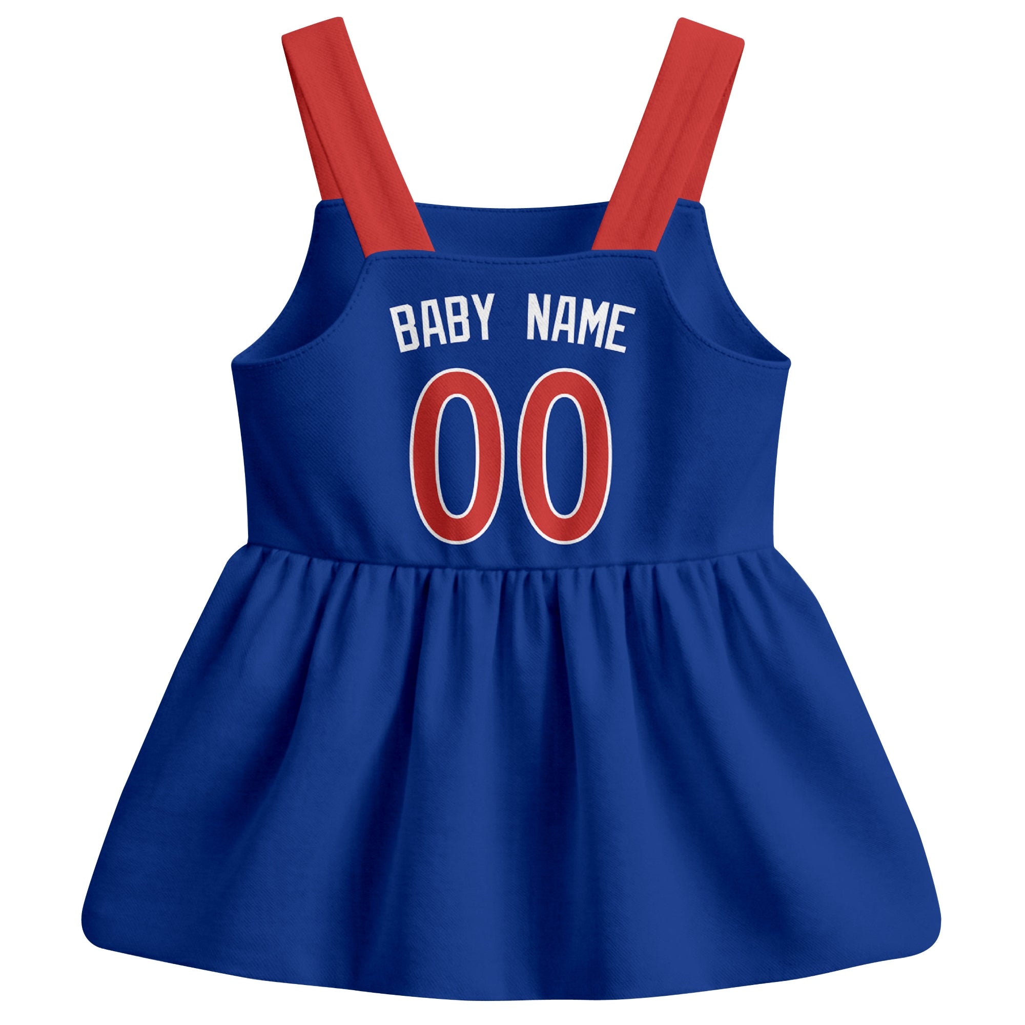 Royal Chicago C-inspired baseball baby strap dress back view with custom baby name and number