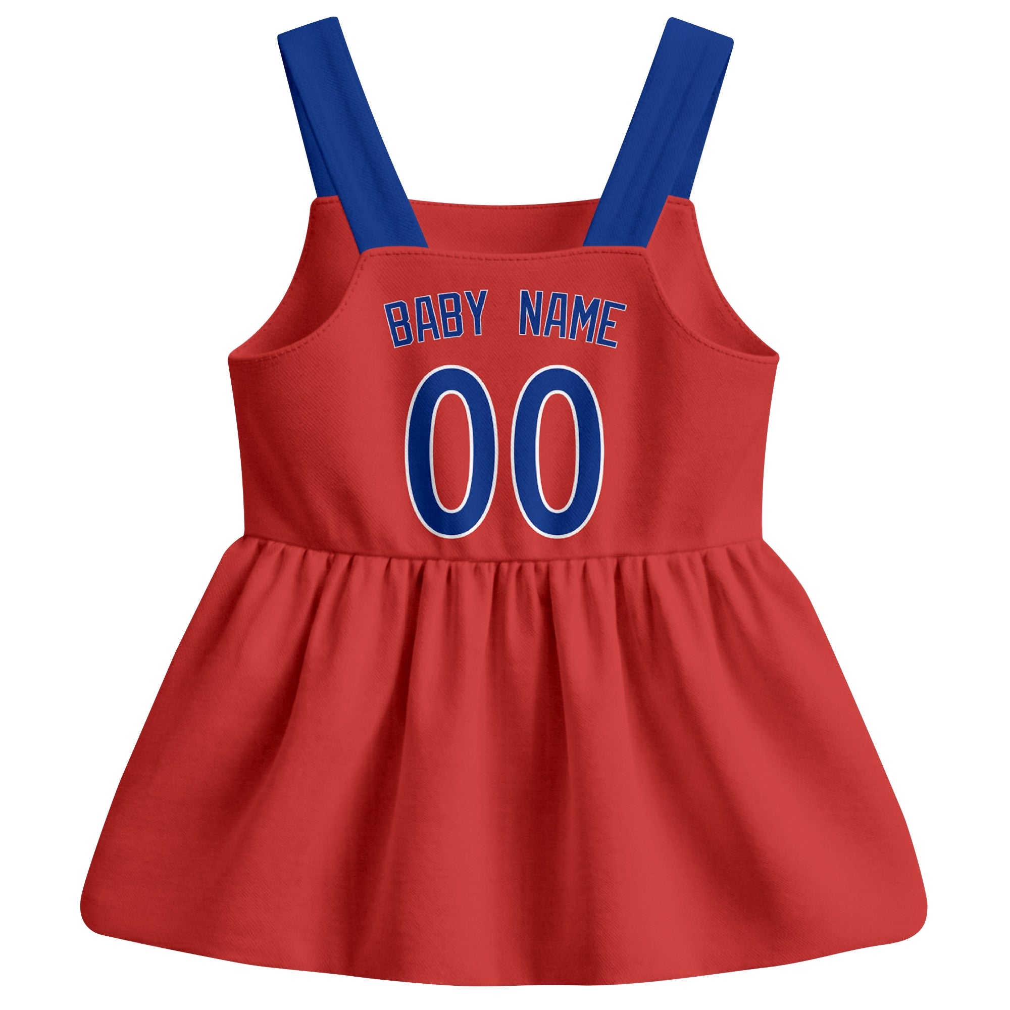 Red Chicago C-inspired baseball baby strap dress back view with custom baby name and number