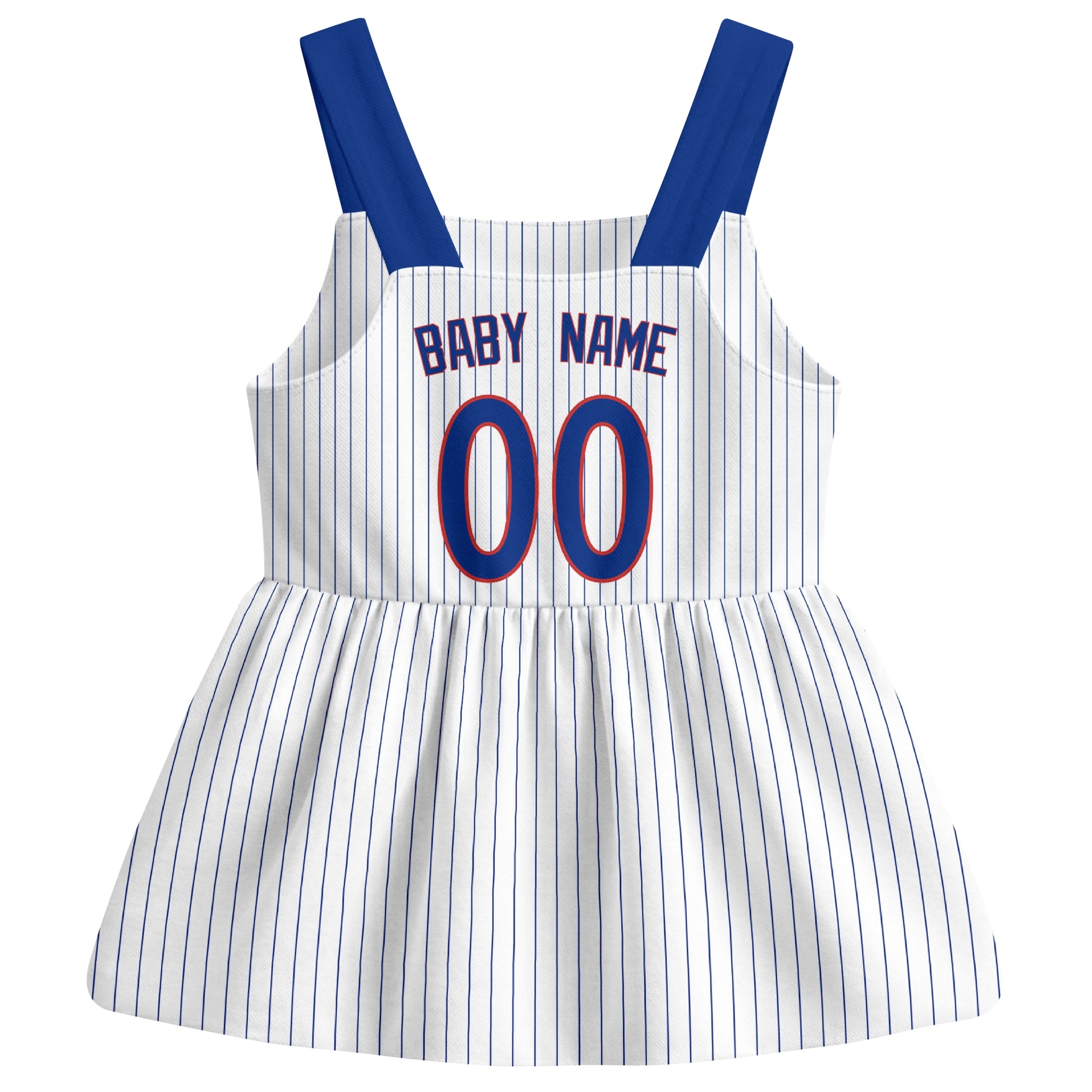 White Chicago C-inspired baseball baby strap dress back view with custom baby name and number