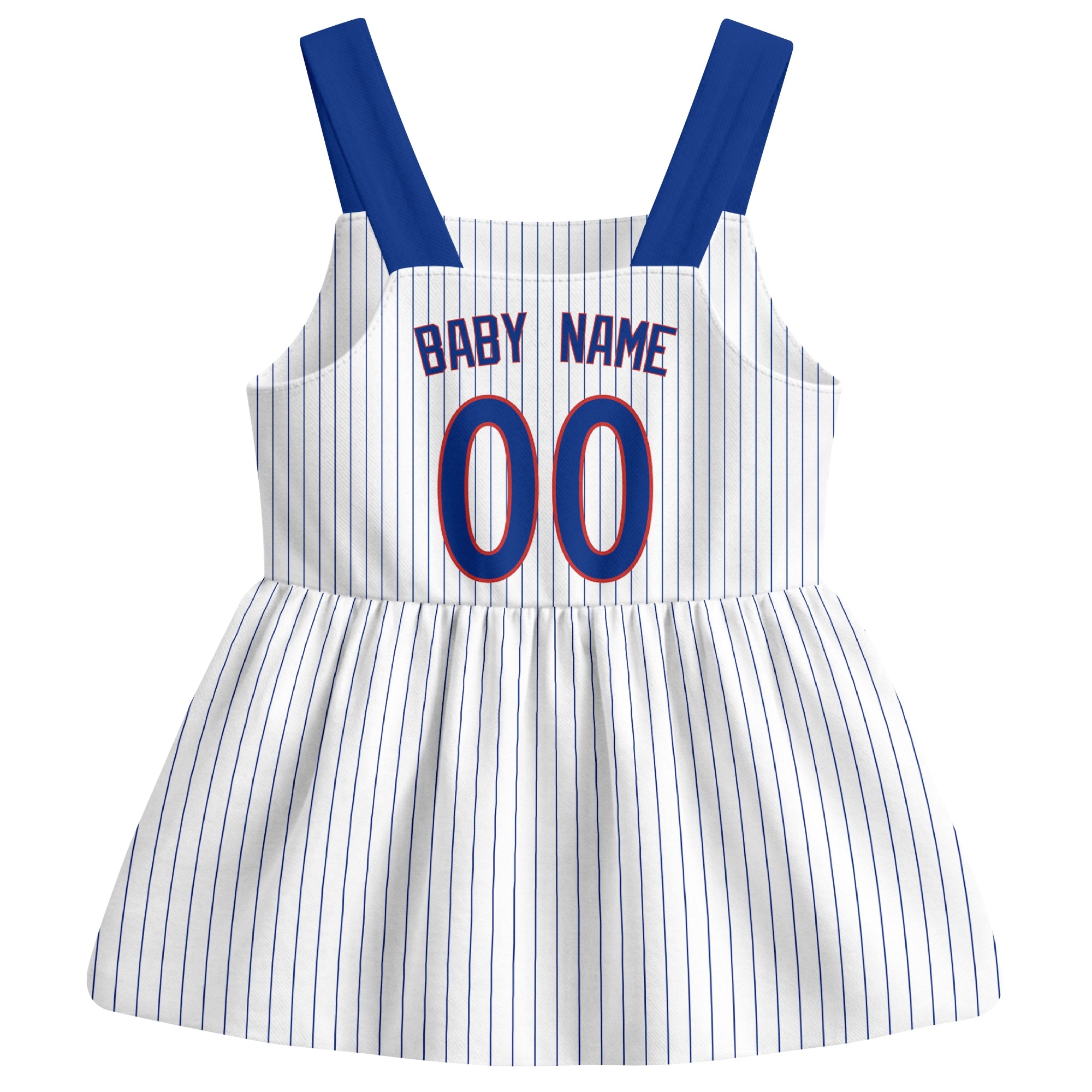 White Chicago C-inspired baseball baby strap dress back view with custom baby name and number