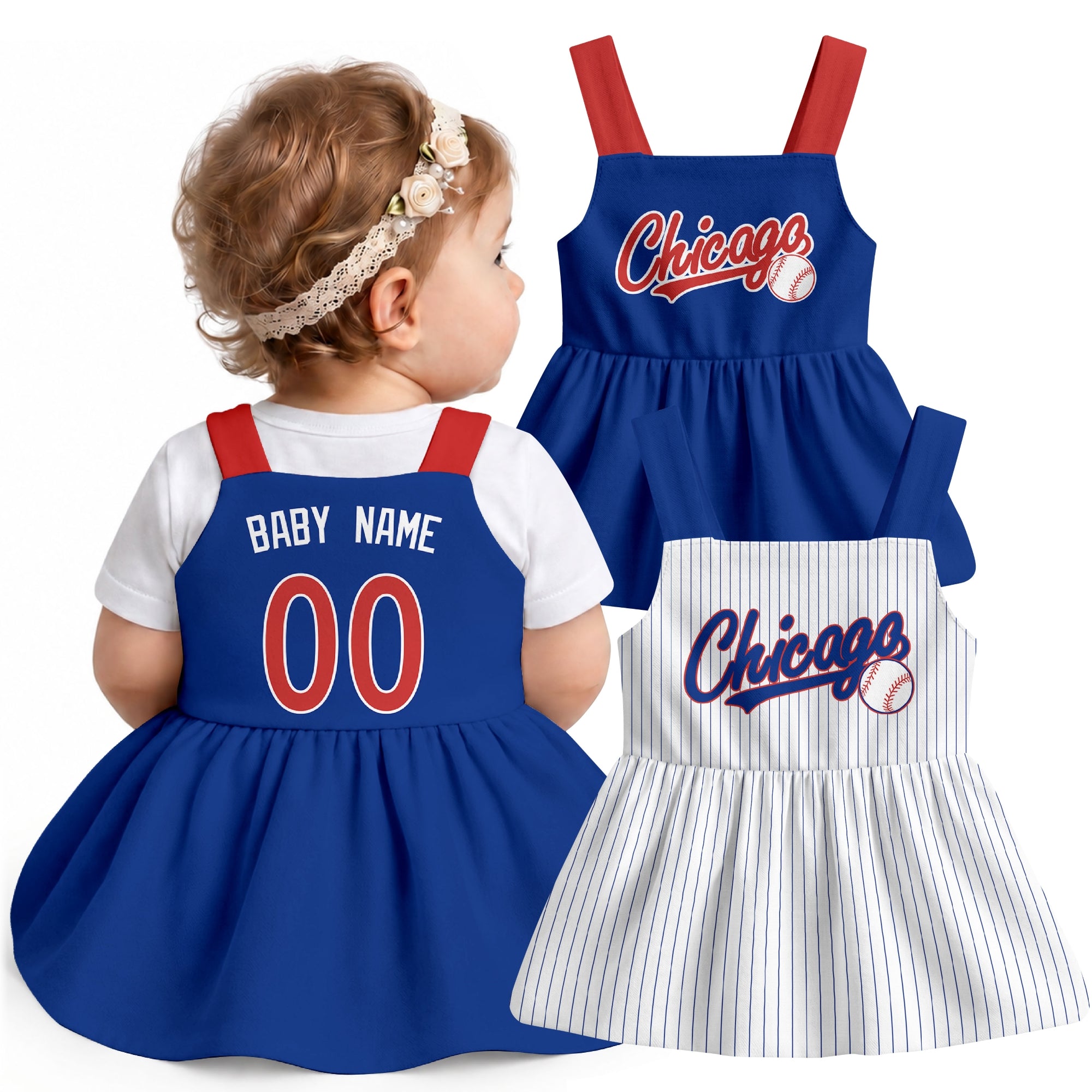Chicago C-inspired baseball baby strap dress modeled in Royal, with Royal and White front designs shown