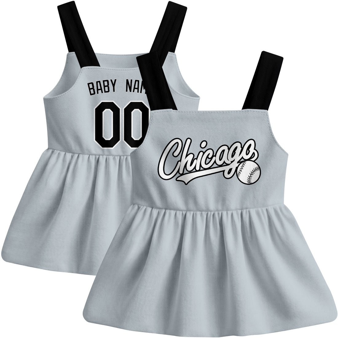 Chicago-inspired baseball baby strap dress modeled in Black, with Black and White front designs shown