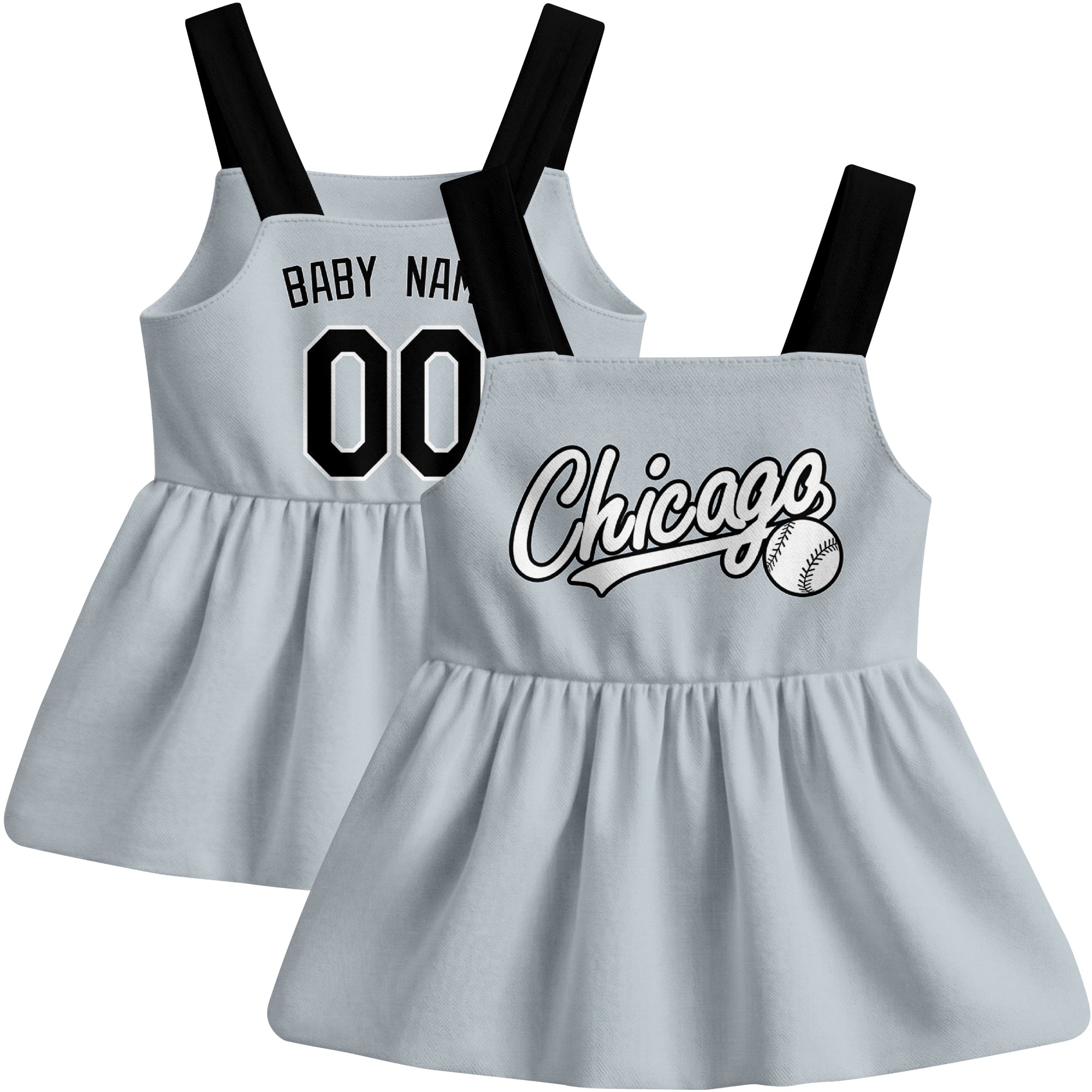 Gray Chicago-inspired baseball baby strap dress front and back view with custom name and number
