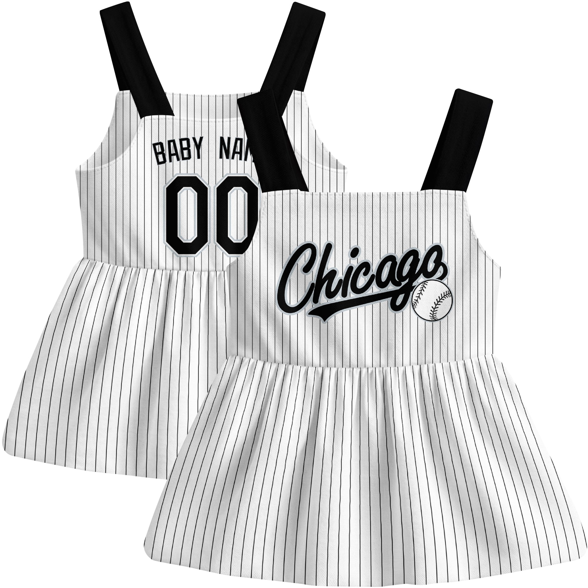 White Chicago-inspired baseball baby strap dress front and back view with custom name and number