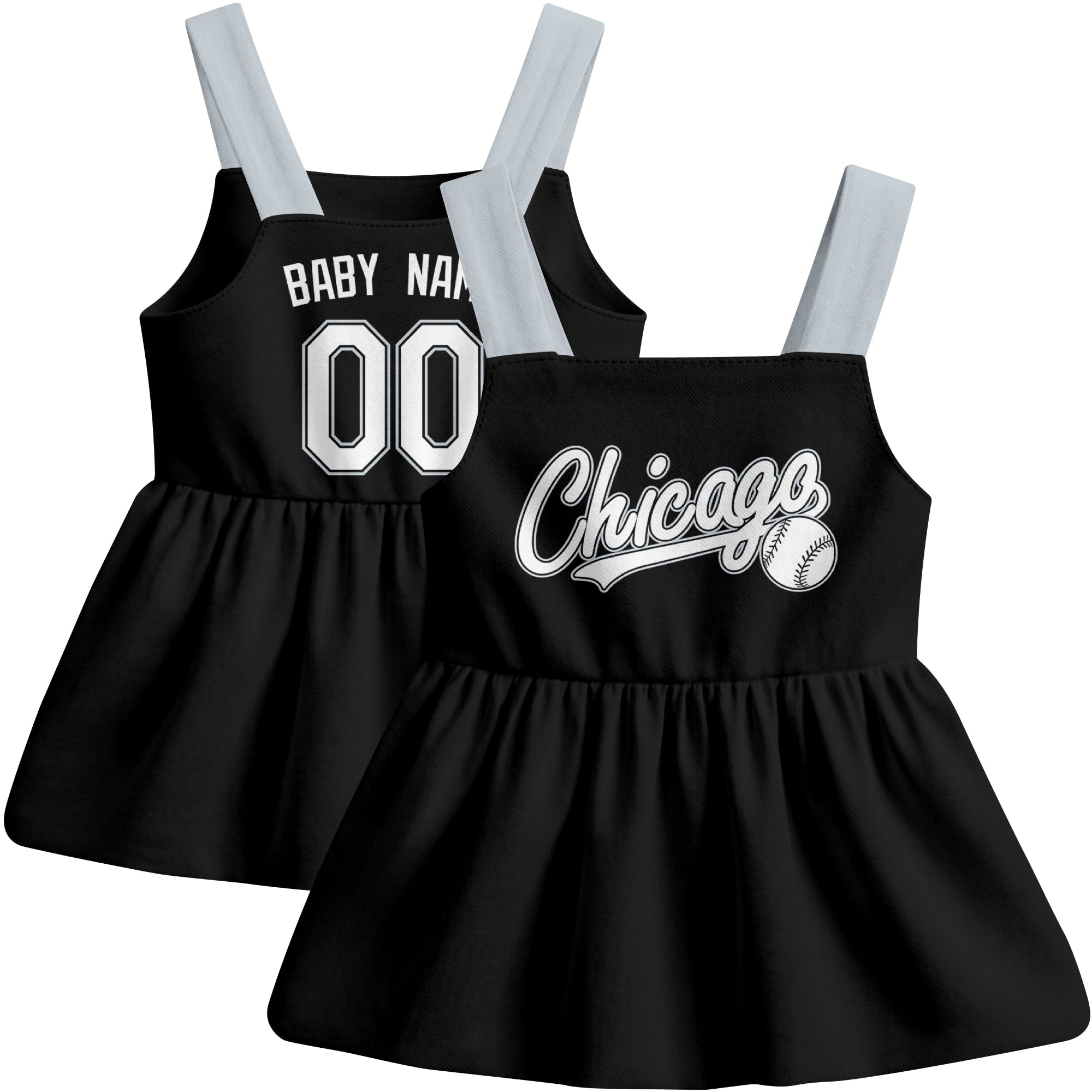 Black Chicago-inspired baseball baby strap dress front and back view with custom name and number