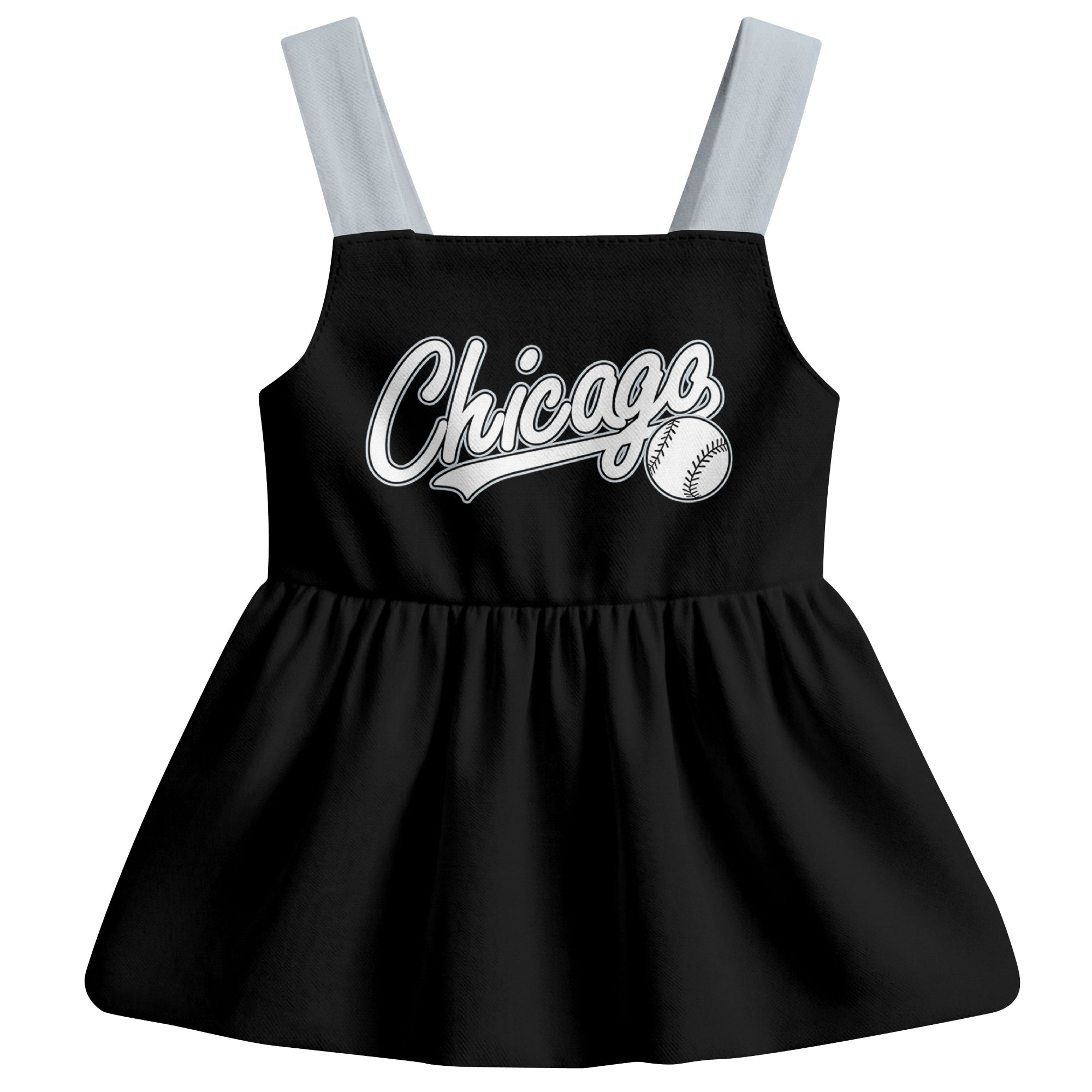 Black Chicago-inspired baseball baby strap dress front view with bold baseball graphic