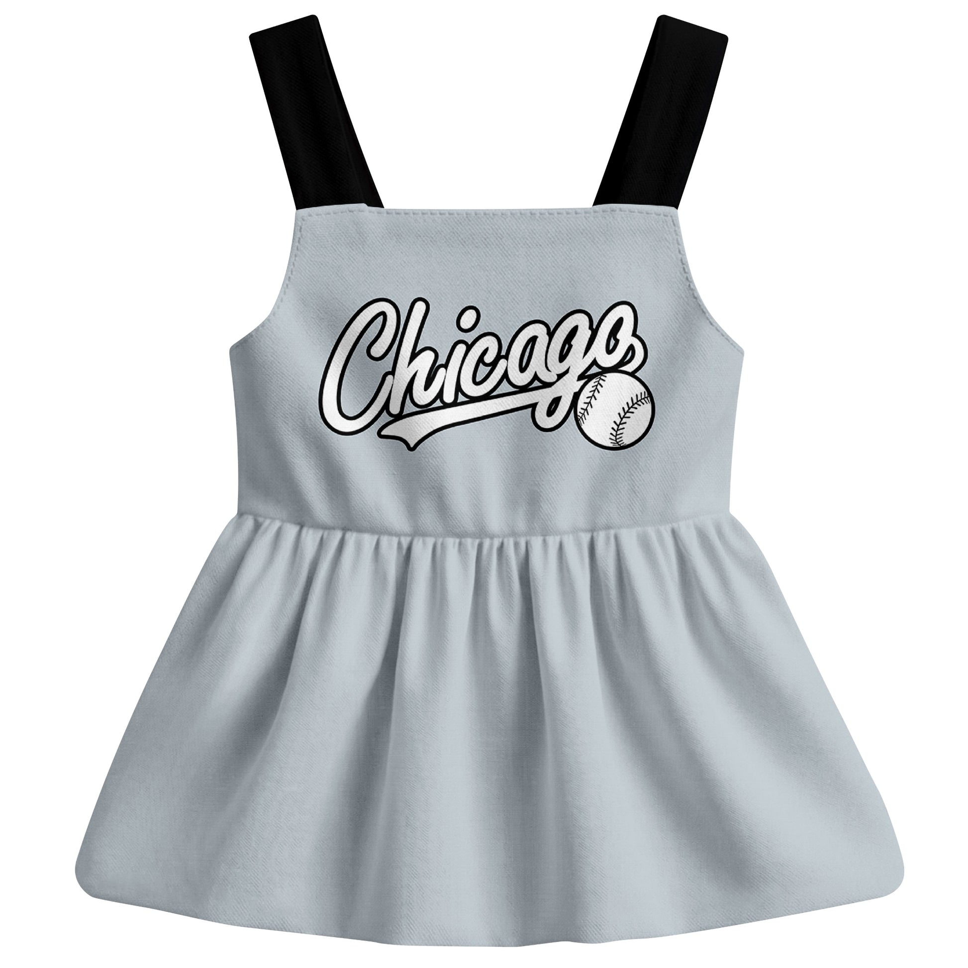 Gray Chicago-inspired baseball baby strap dress front view with bold baseball graphic