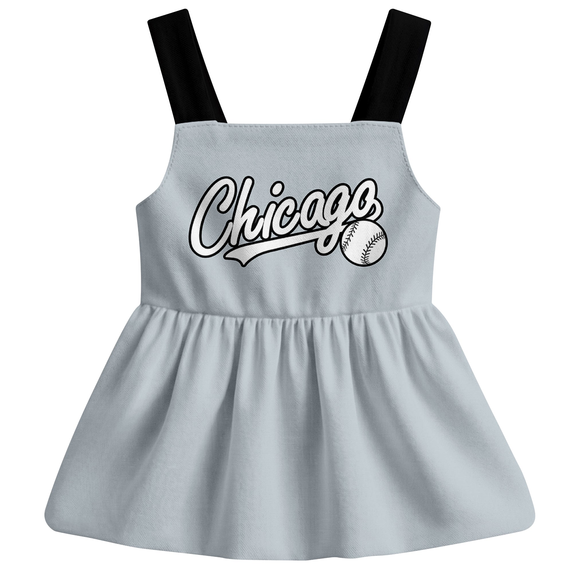 Gray Chicago-inspired baseball baby strap dress front view with bold baseball graphic