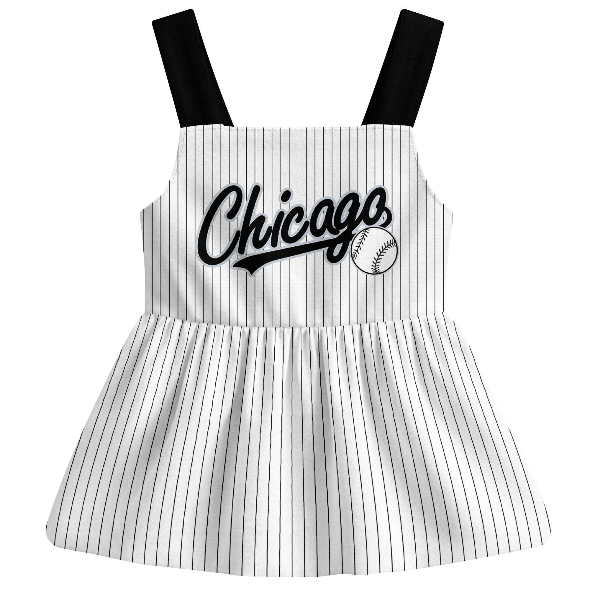 White Chicago-inspired baseball baby strap dress front view with bold baseball graphic