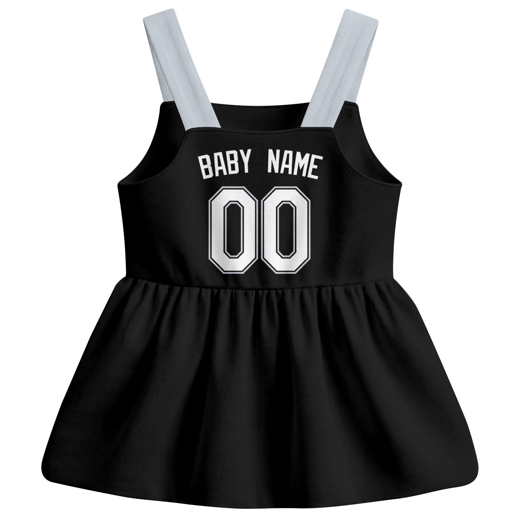 Black Chicago-inspired baseball baby strap dress back view with custom baby name and number