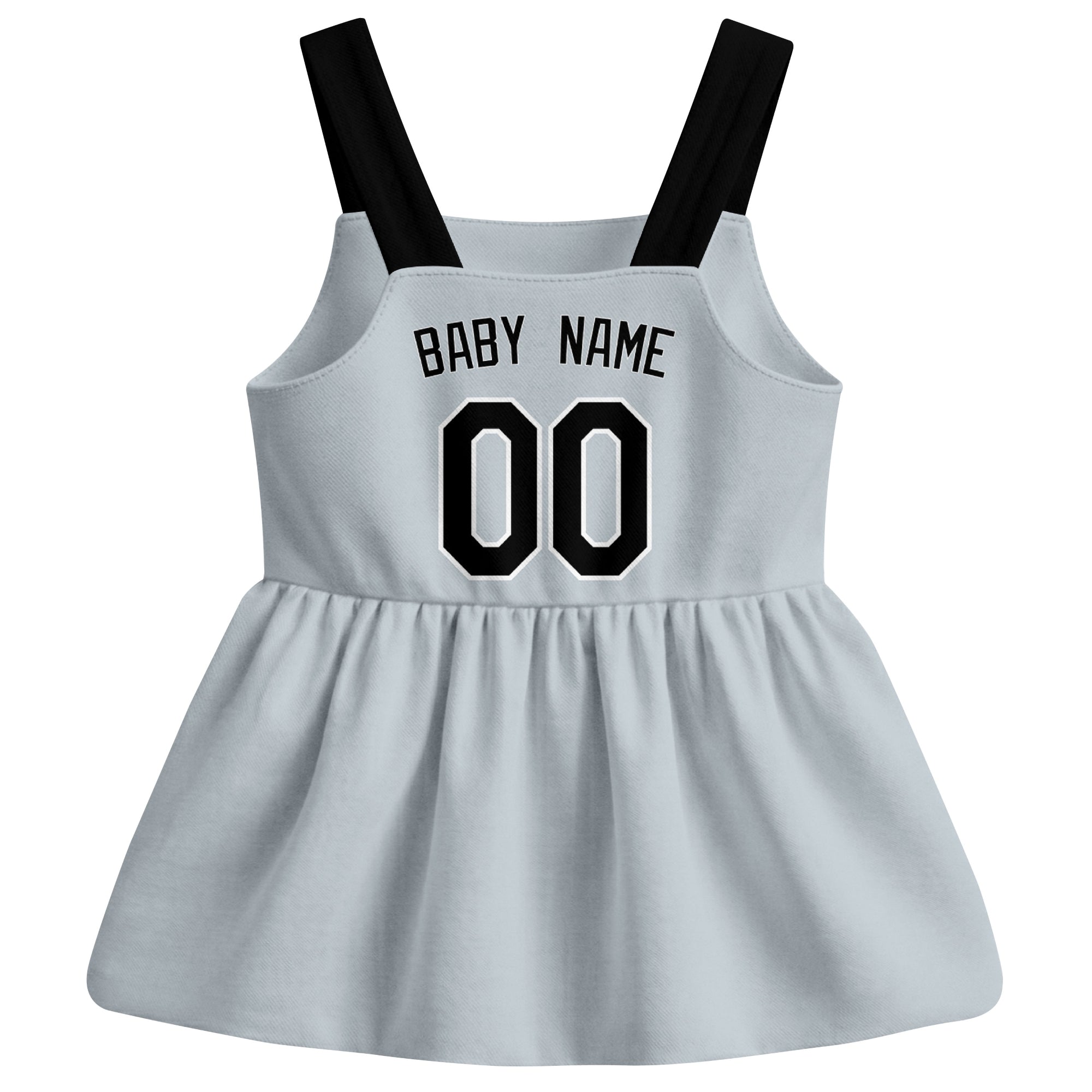 Gray Chicago-inspired baseball baby strap dress back view with custom baby name and number