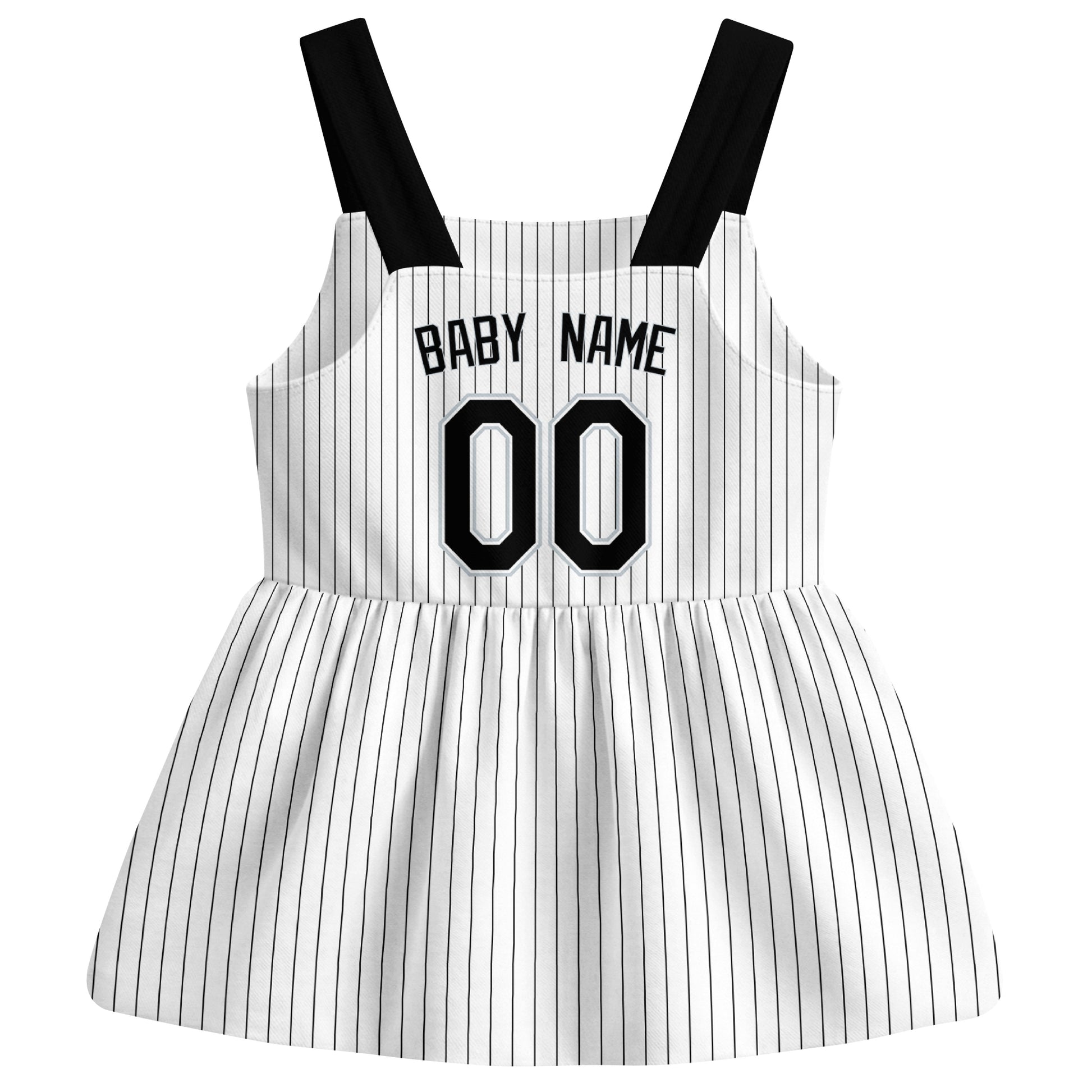 White Chicago-inspired baseball baby strap dress back view with custom baby name and number
