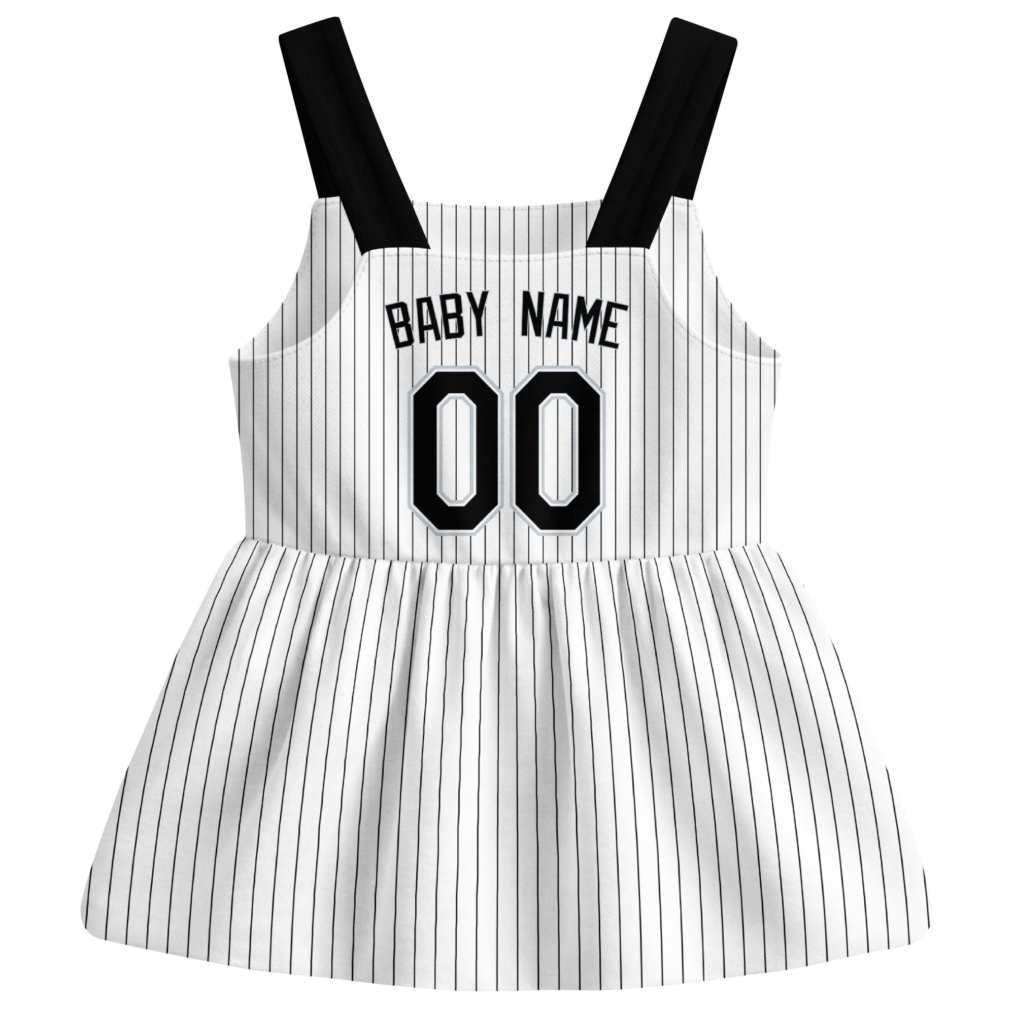 White Chicago-inspired baseball baby strap dress back view with custom baby name and number