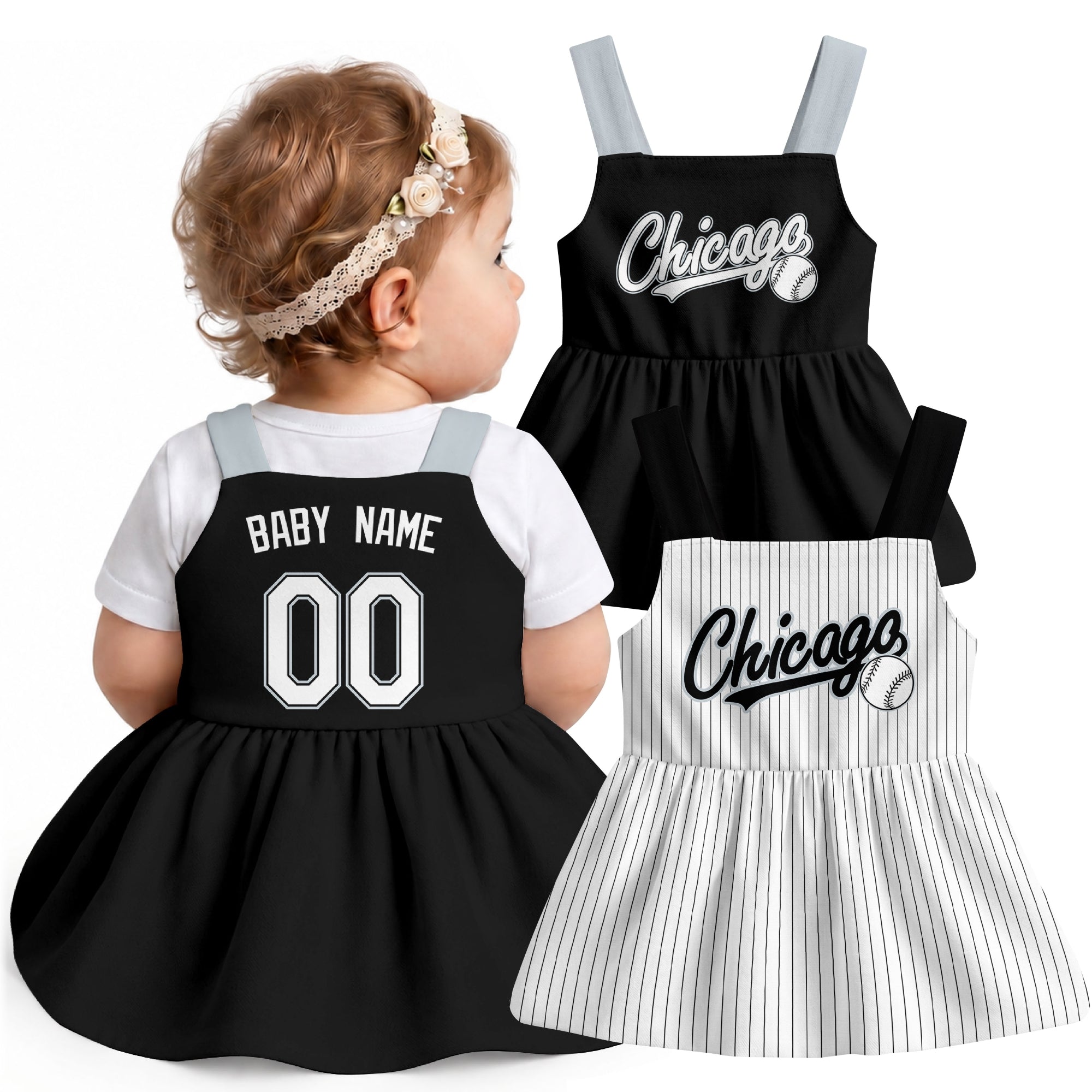 Chicago-inspired baseball baby strap dress modeled in Black, with Black and White front designs shown