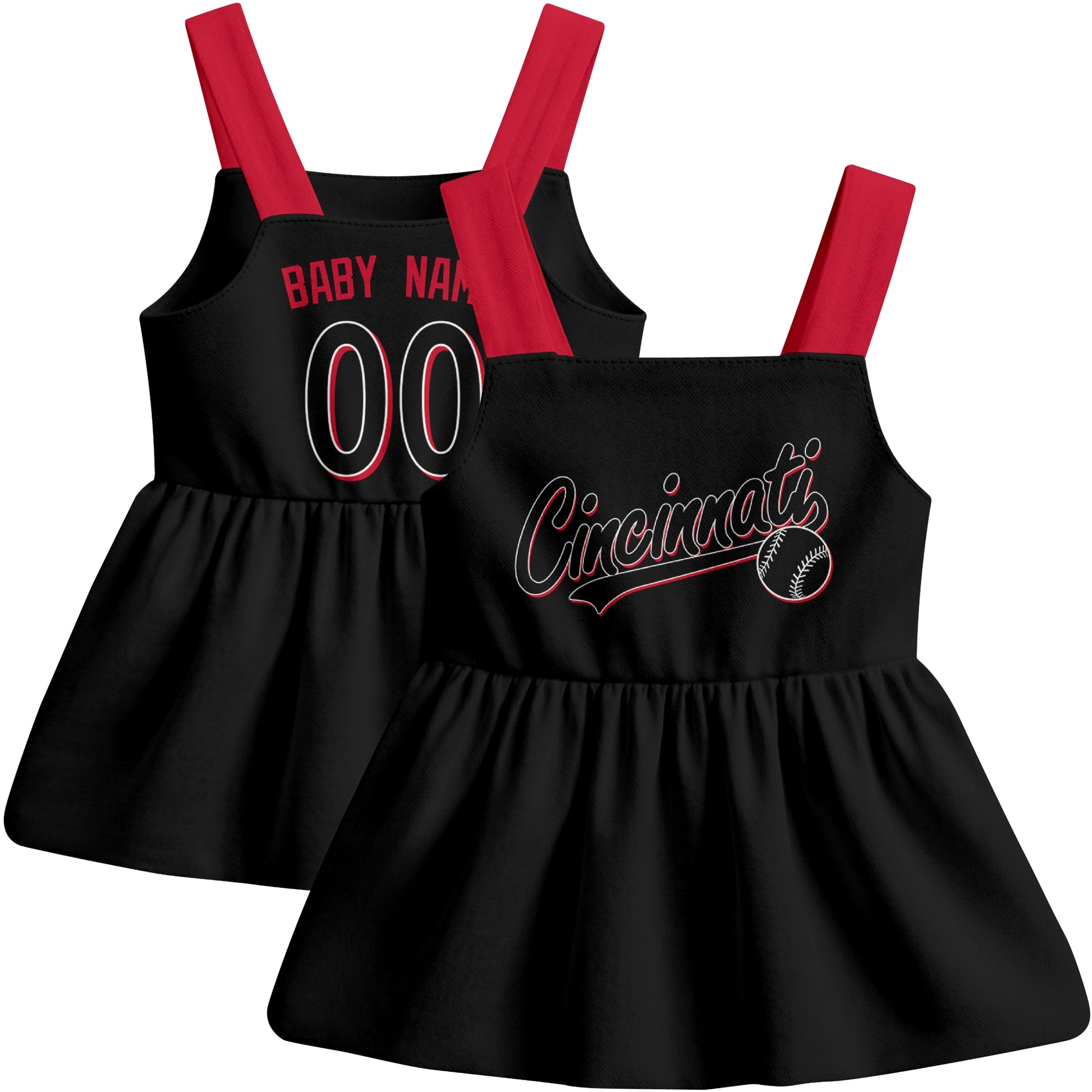 Black Cincinnati-inspired baseball baby strap dress front and back view with custom name and number